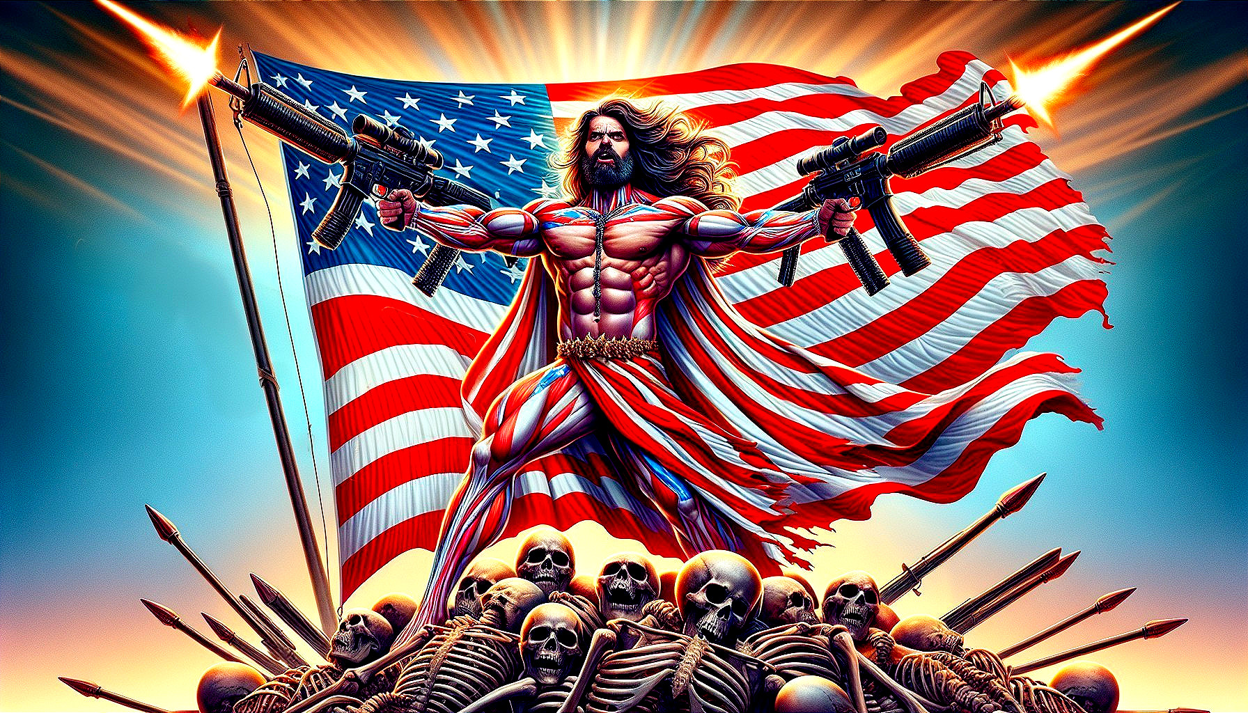 Muscular Figure in American Flag Amidst Skeletons