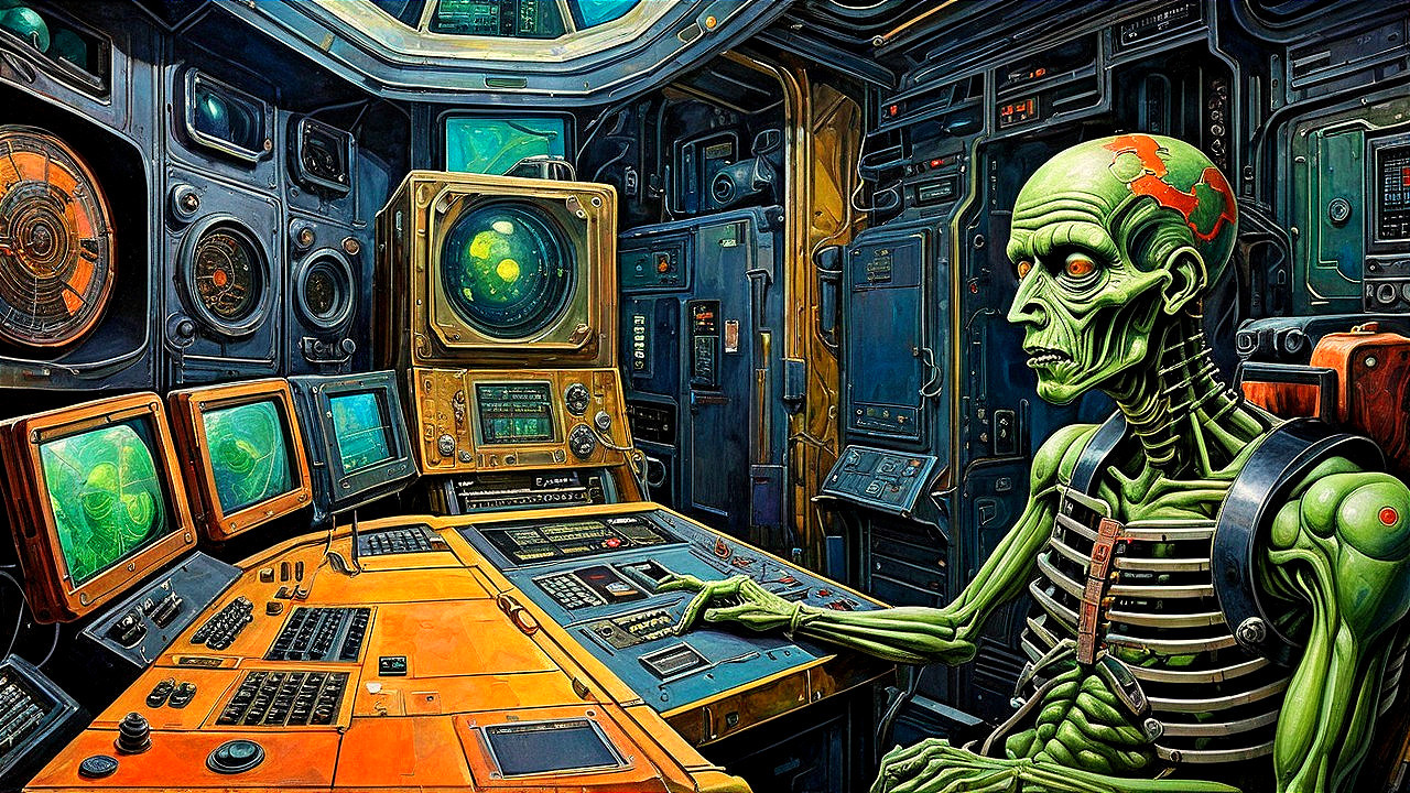 Futuristic control room with eerie machinery and screens
