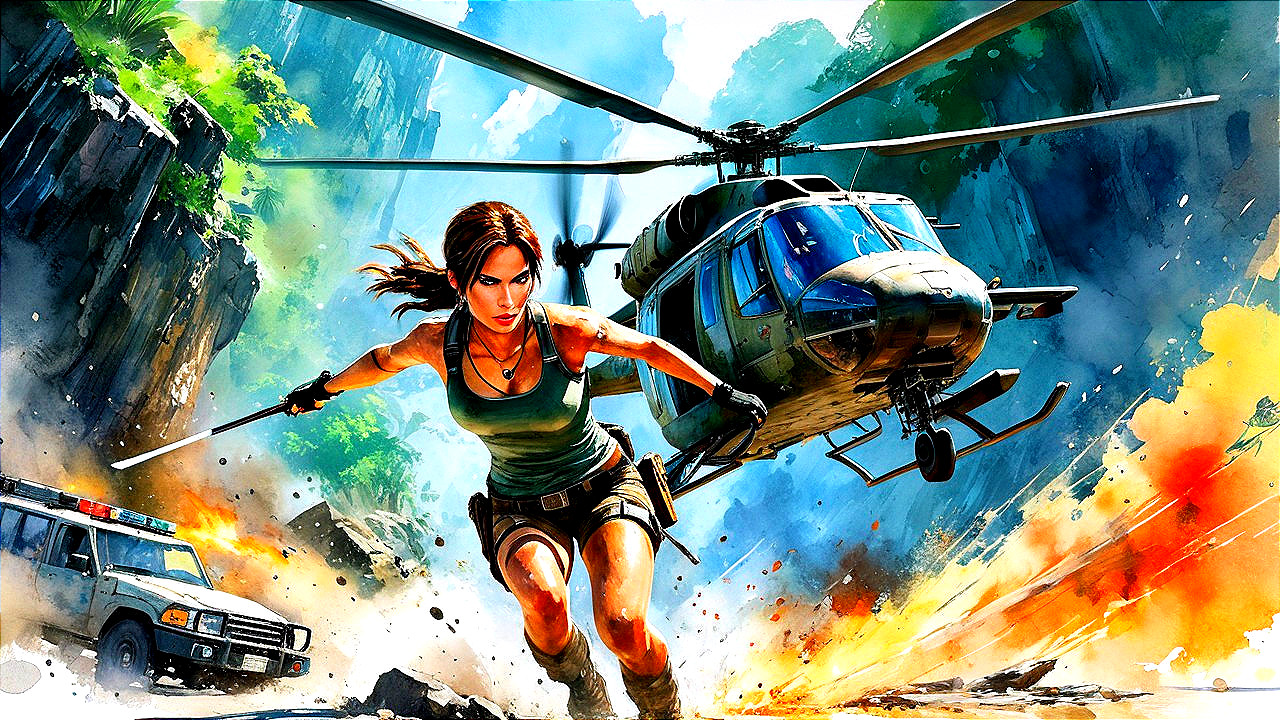 Adventurous Heroine in Explosive Action Scene