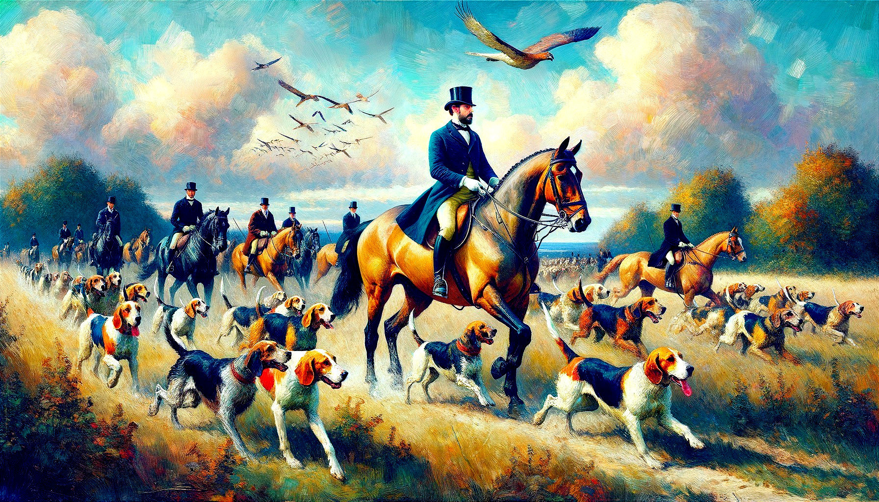 Horsemen in Top Hats Riding with Hounds in Nature