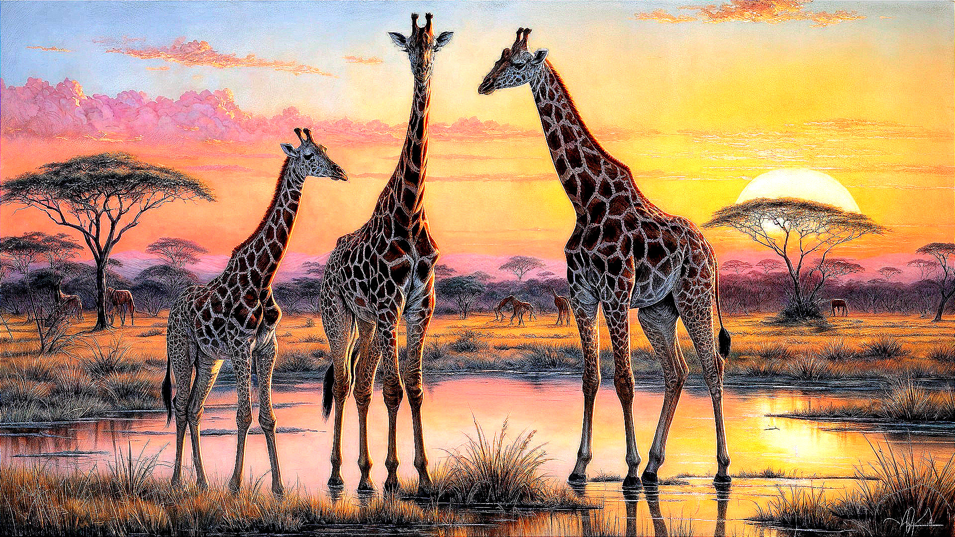 Serene African Savannah Sunset with Giraffes and Trees