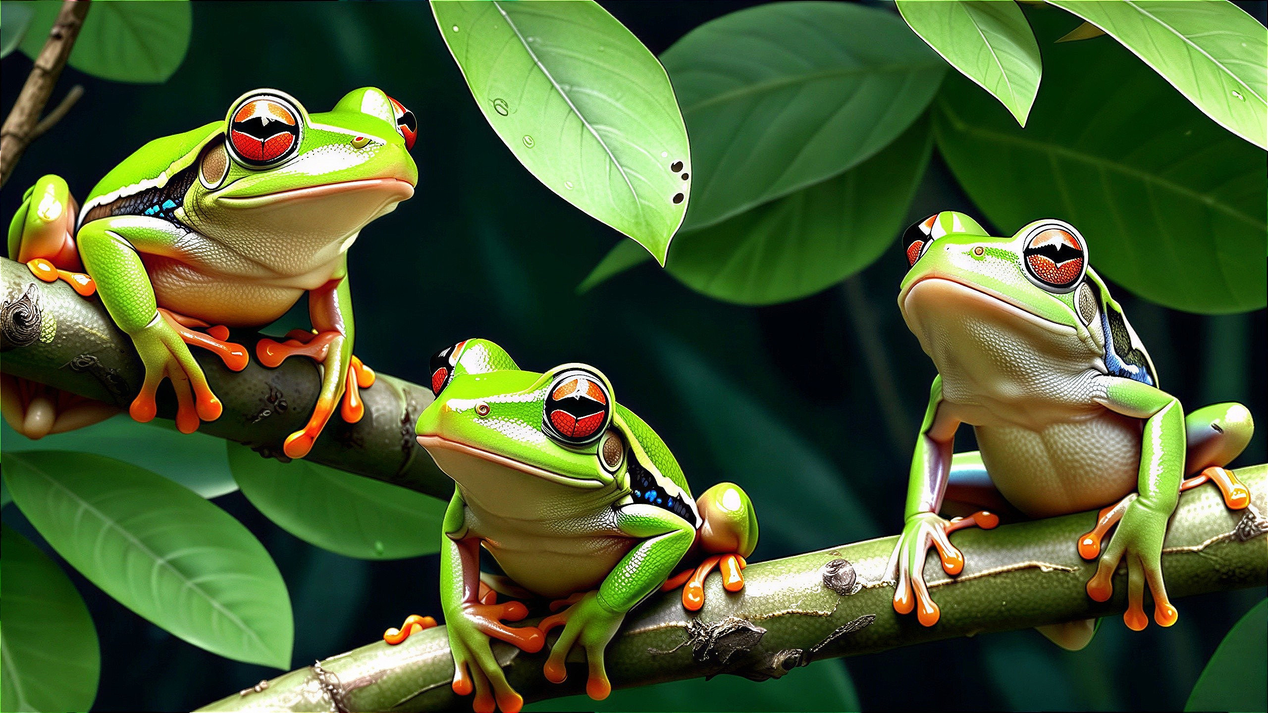 Colorful Tree Frogs on a Branch in Tropical Setting
