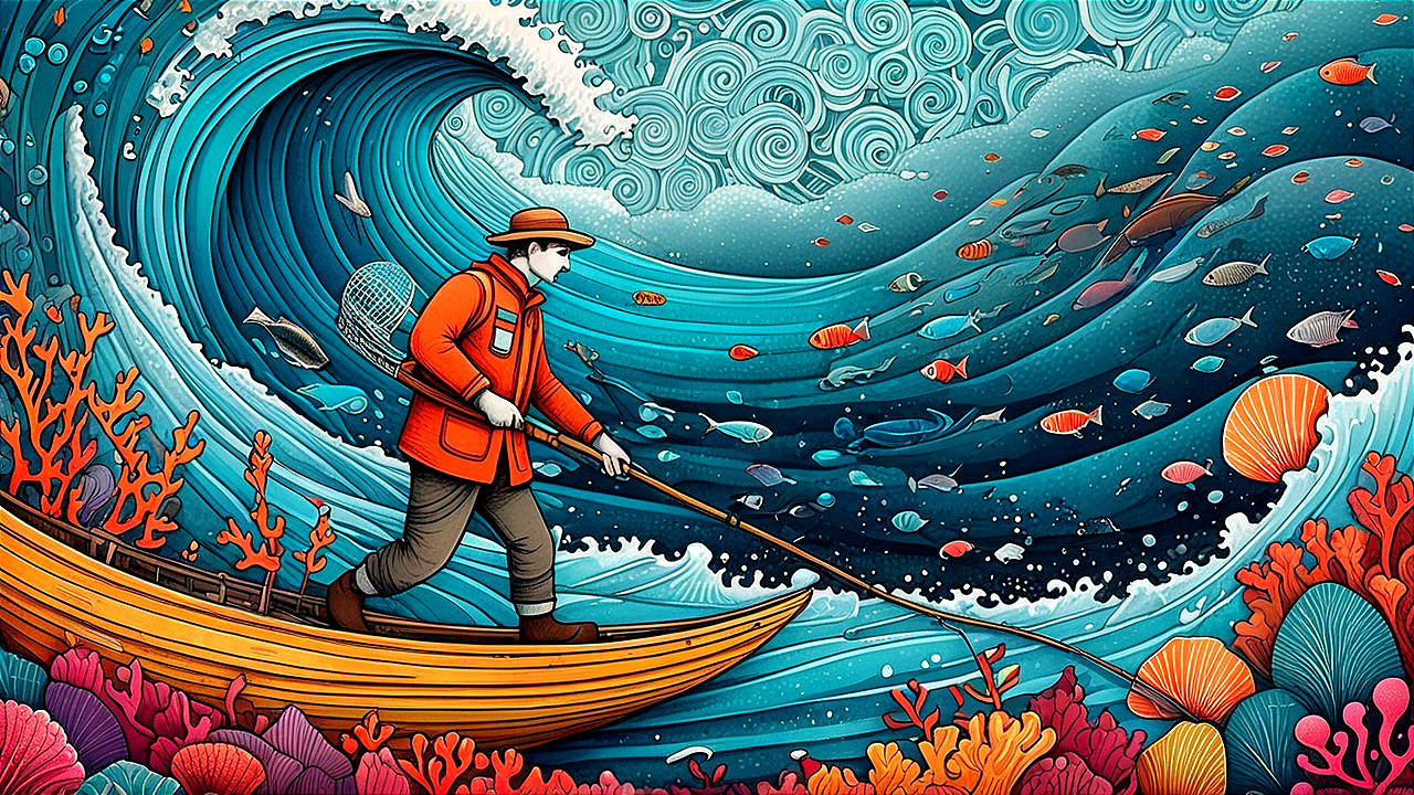 Vibrant Fisherman Scene in Turquoise Ocean Waters