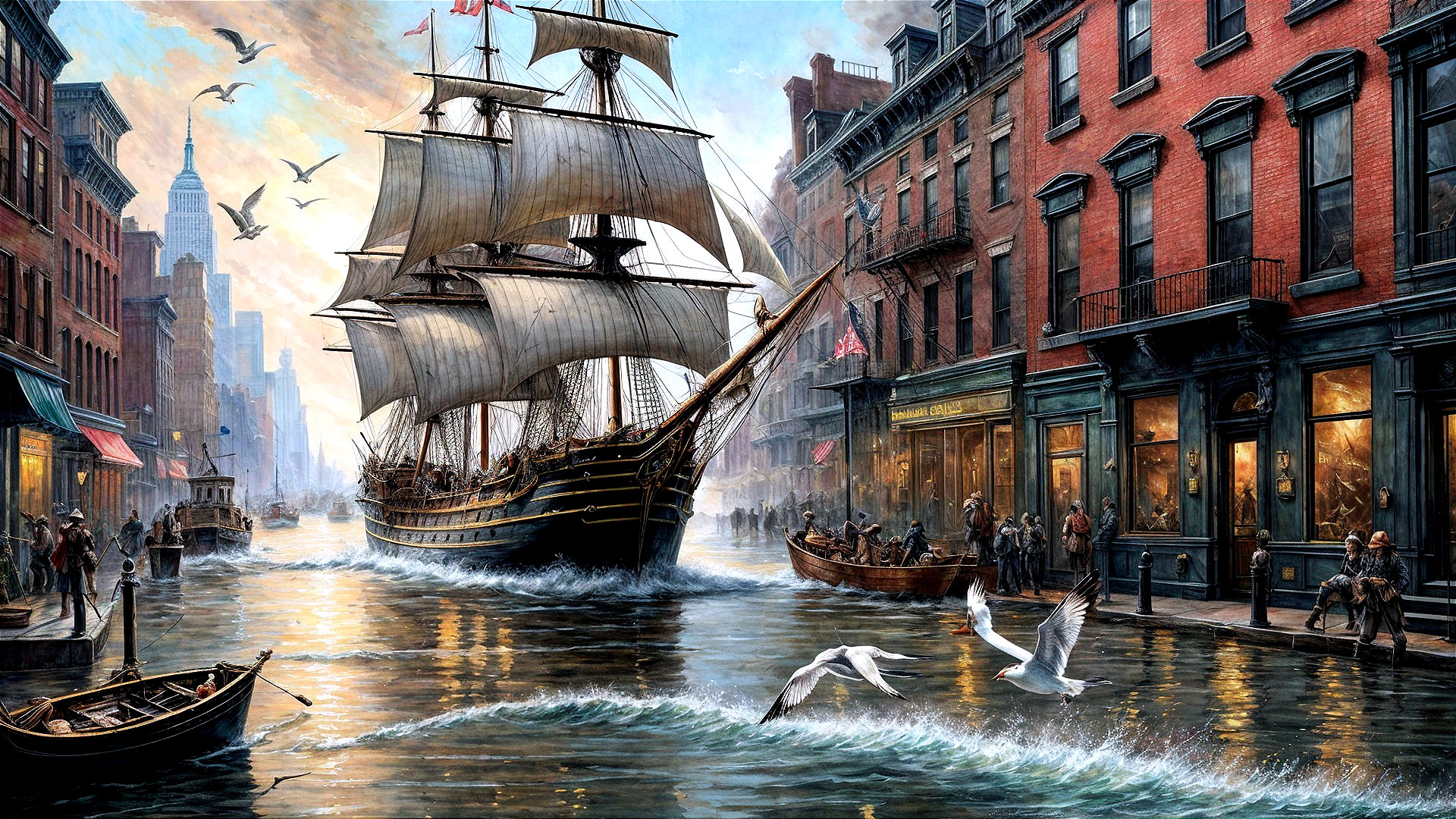 Bustling Historic Waterfront with Tall Ship and Boats