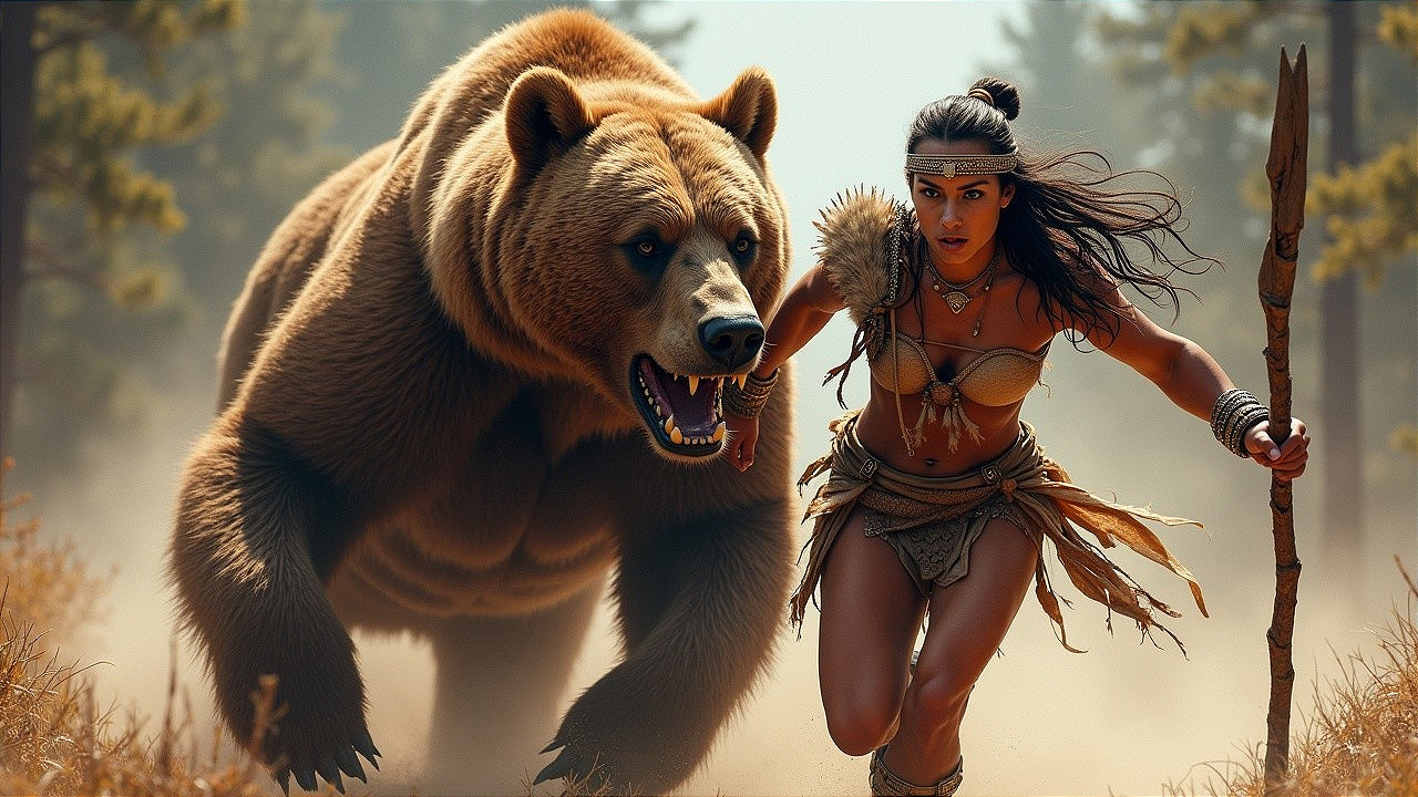 Warrior Woman and Bear in Misty Forest Scene