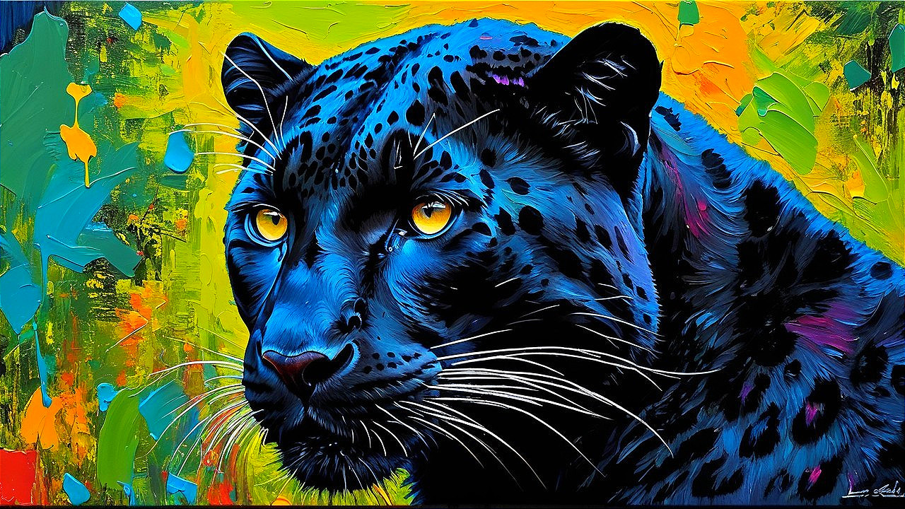 Portrait of a blue leopard with vibrant background colors