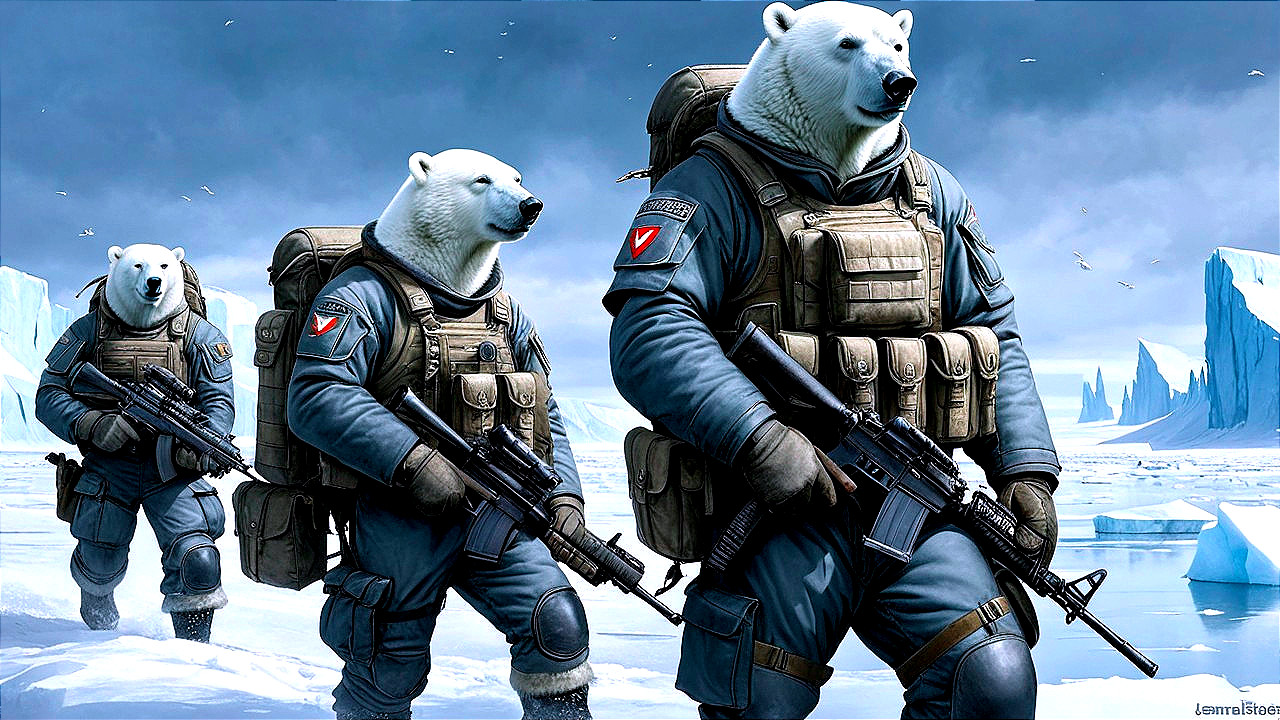 Anthropomorphic Polar Bears in Tactical Gear on Ice