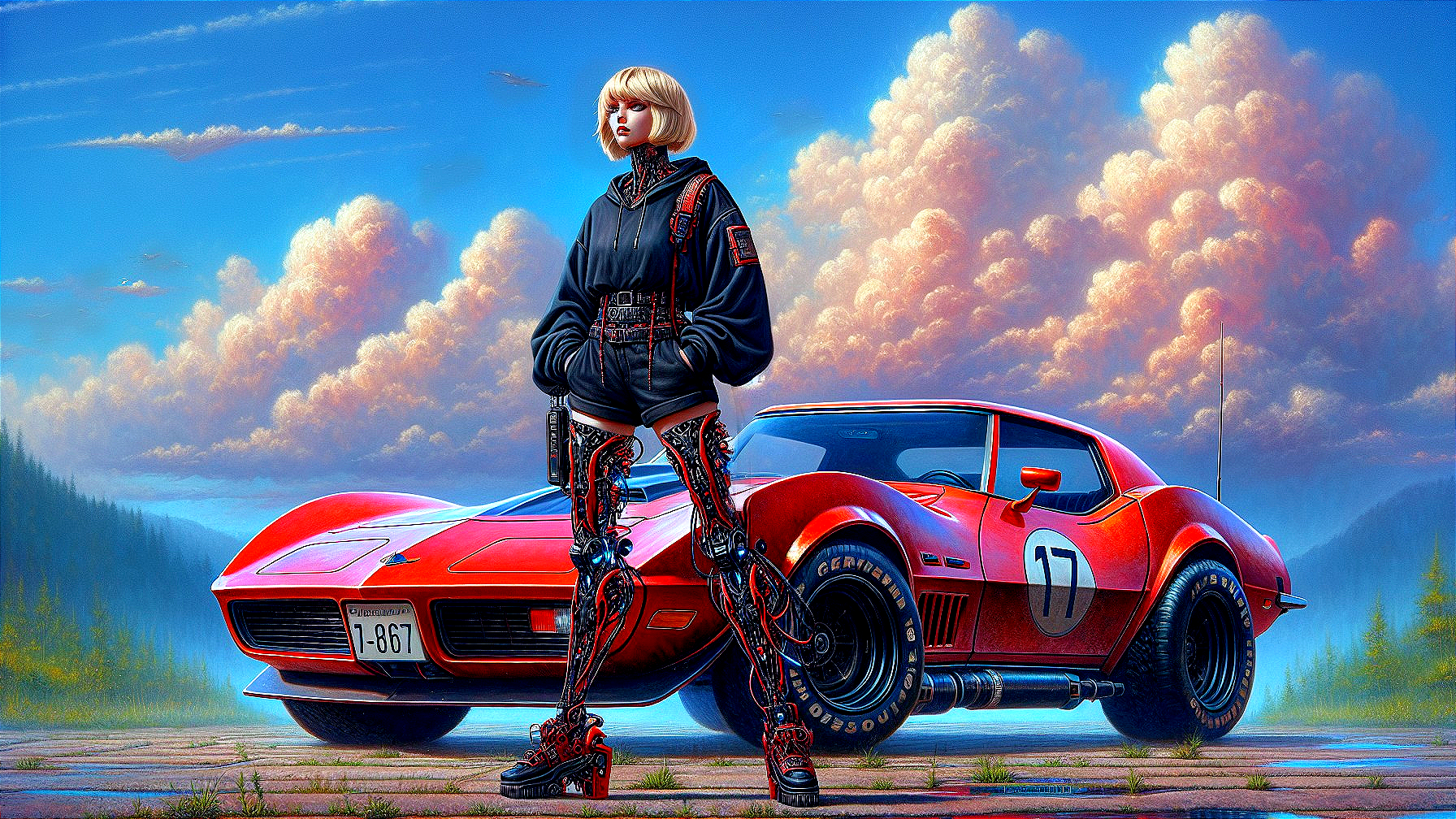 Stylish Figure with Vintage Sports Car Under Dramatic Sky