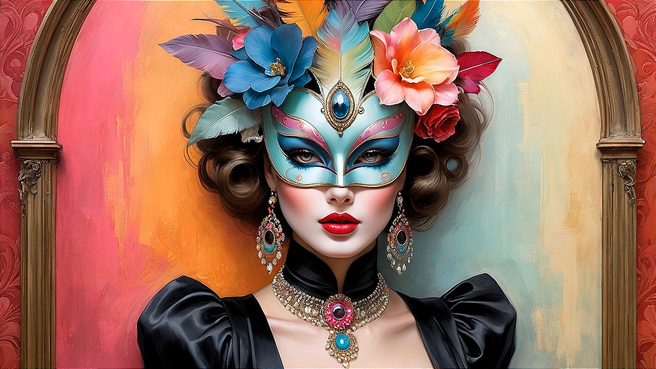 Vibrant Woman with Ornate Mask and Dramatic Makeup