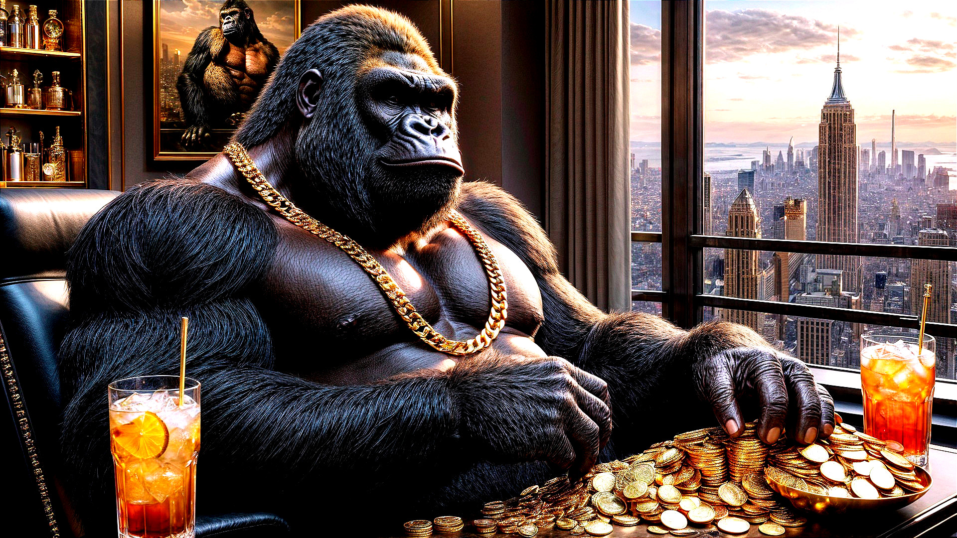 Gorilla in opulent room with city skyline and gold coins