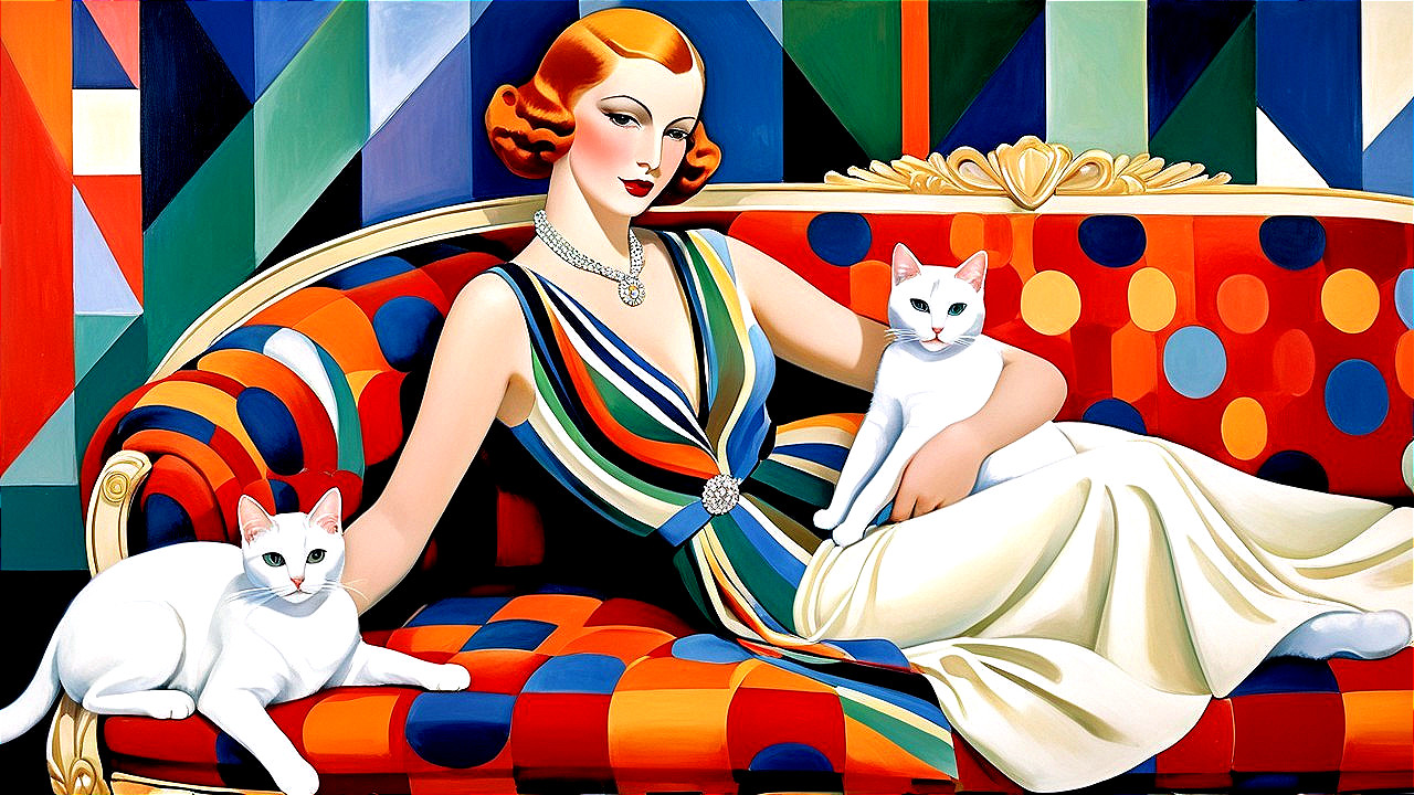 Glamorous Woman in Striped Gown with White Cats