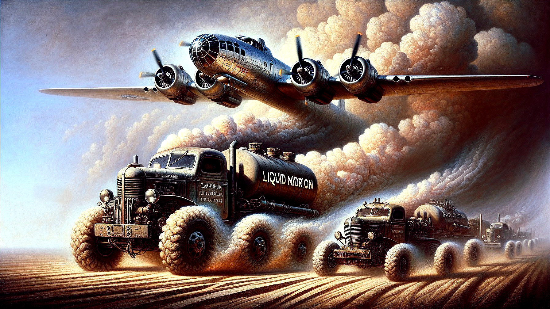 Vintage WWII Bomber and Rugged Trucks in Dusty Terrain