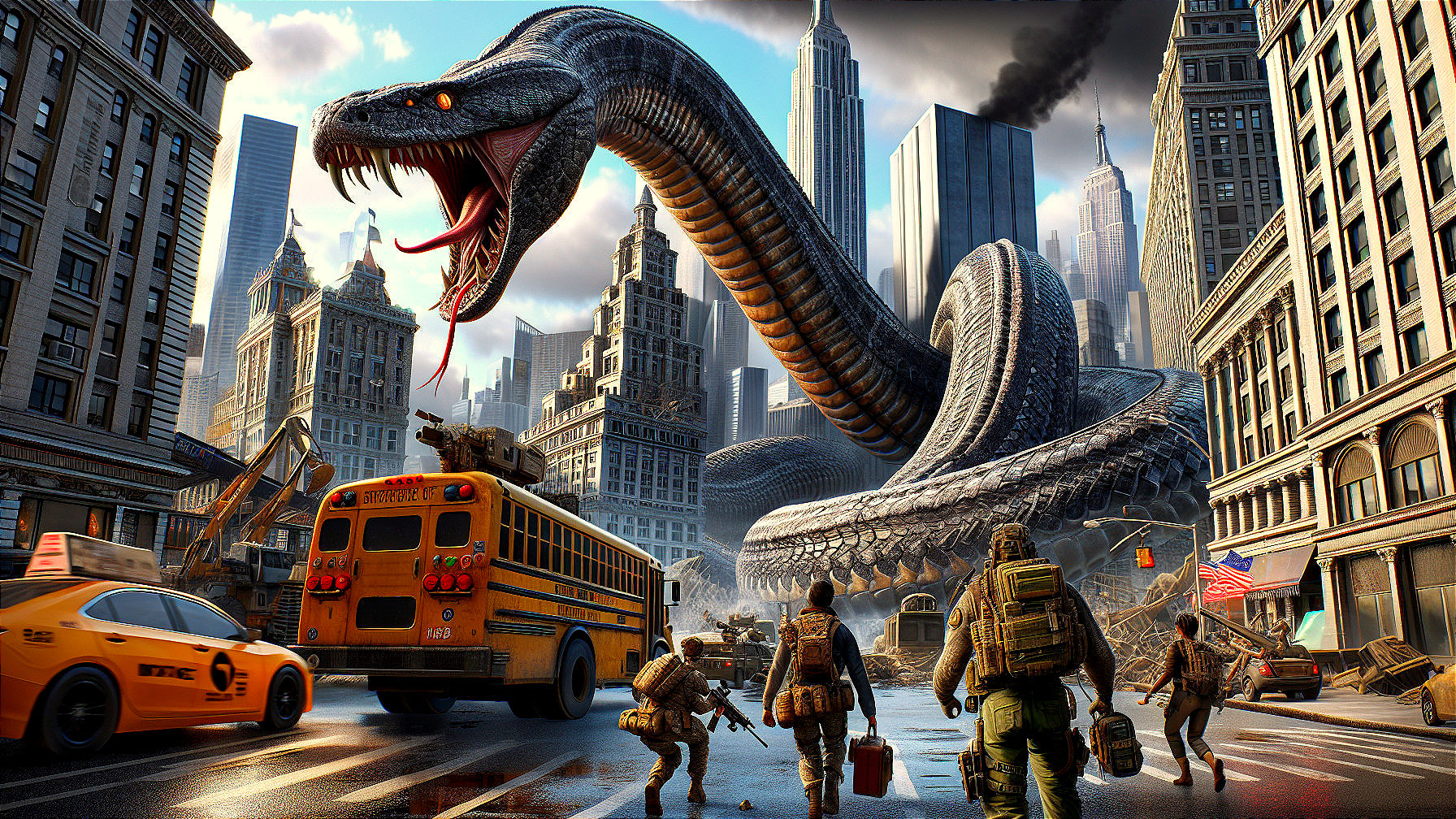 Giant Serpent Looms Over Urban Battlefield Scene