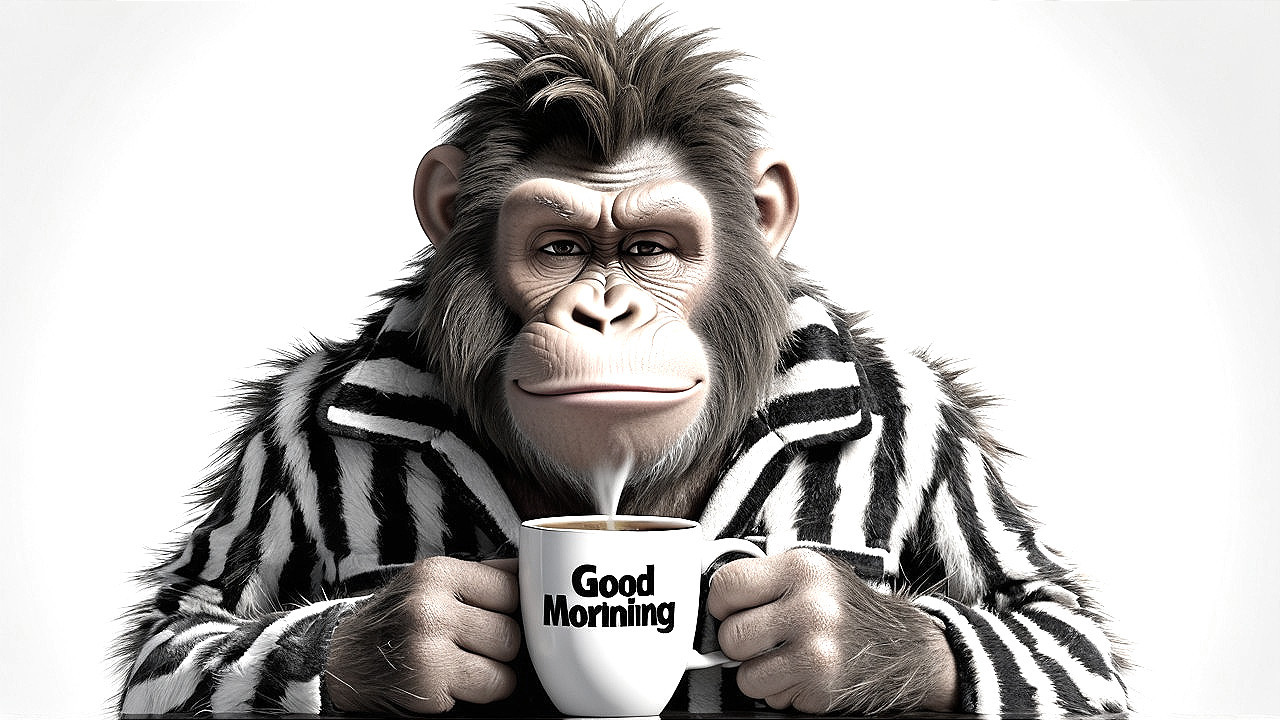 Cartoon Monkey in Striped Robe Enjoys Coffee at Table