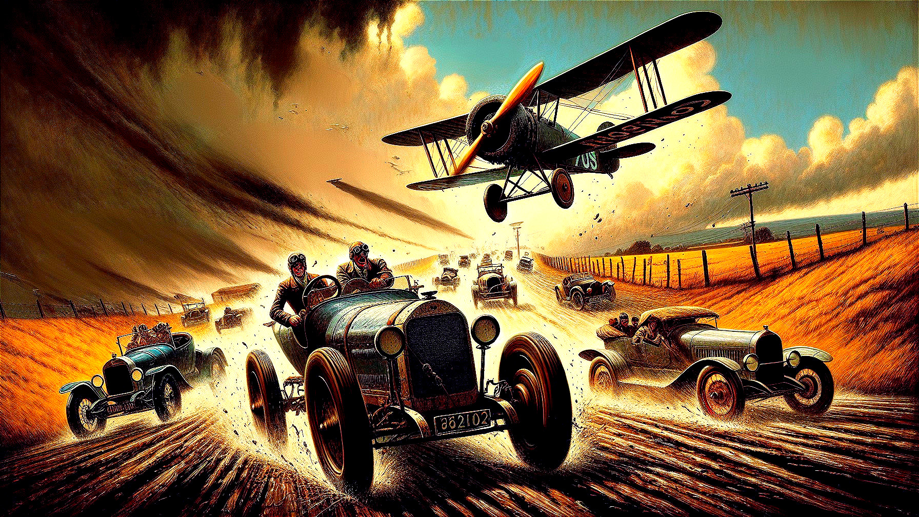 Vintage Racing Scene with Biplane in Dramatic Landscape