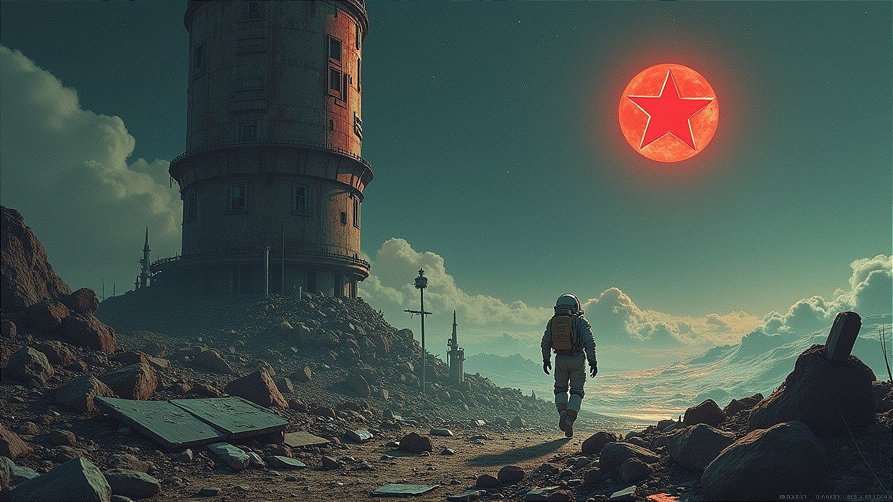 Astronaut in Alien Landscape with Red Sun and Ruins