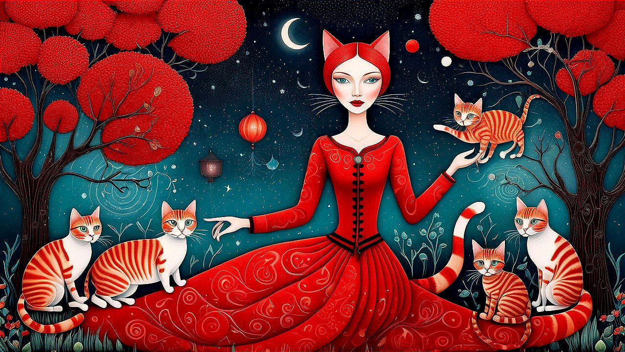 Whimsical Scene of Woman with Cats and Enchanted Background