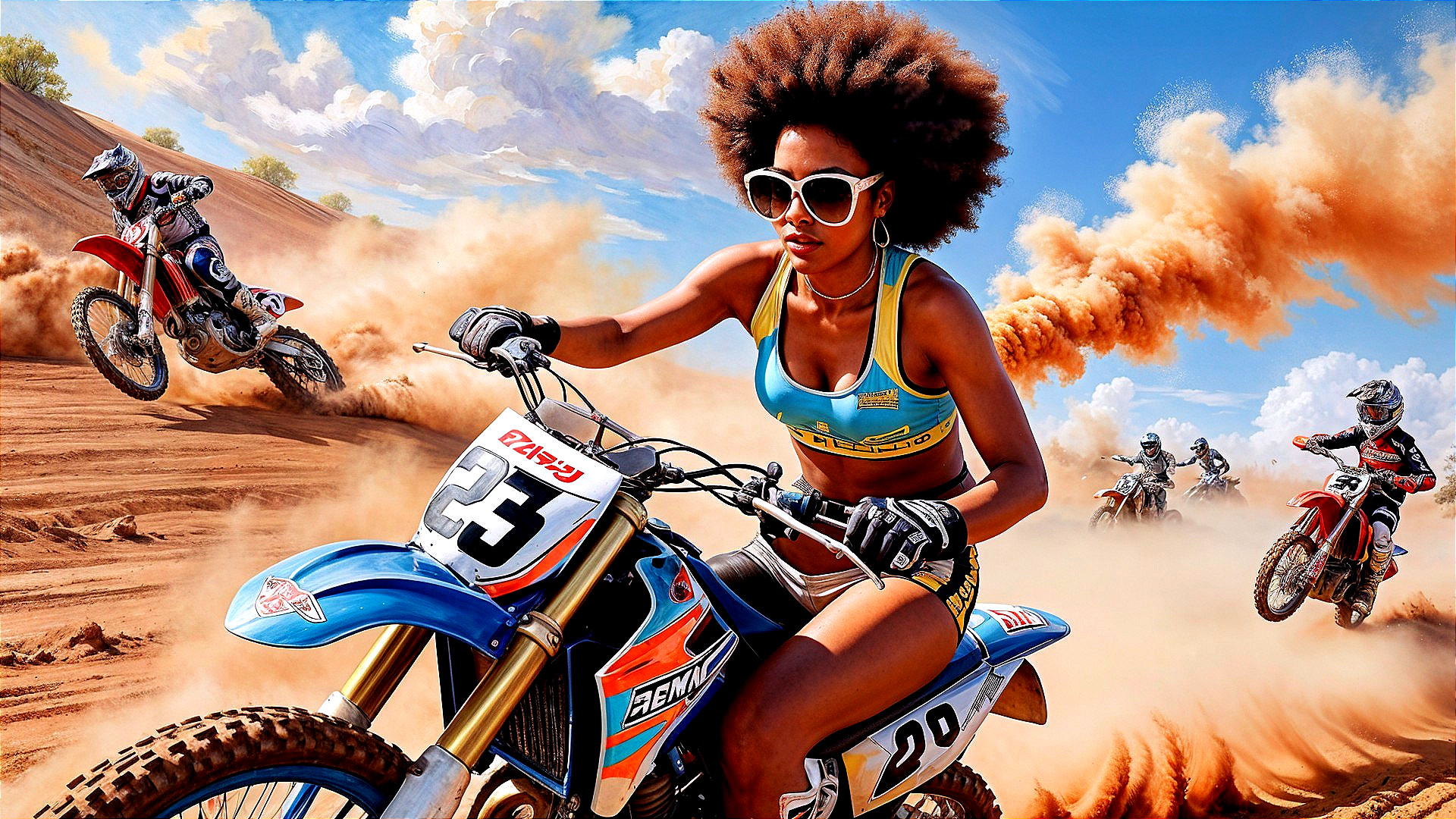 Dynamic Desert Scene with Dirt Bike Racing Action