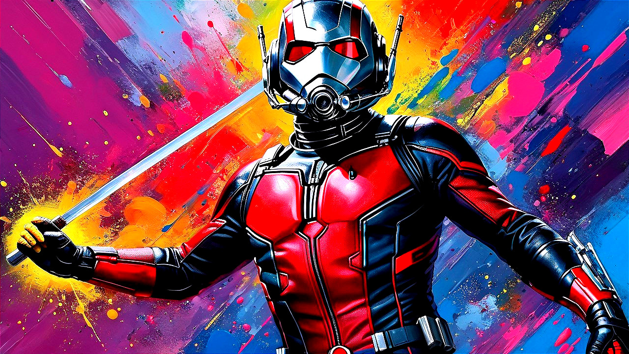 Dynamic superhero in red and black suit with sword