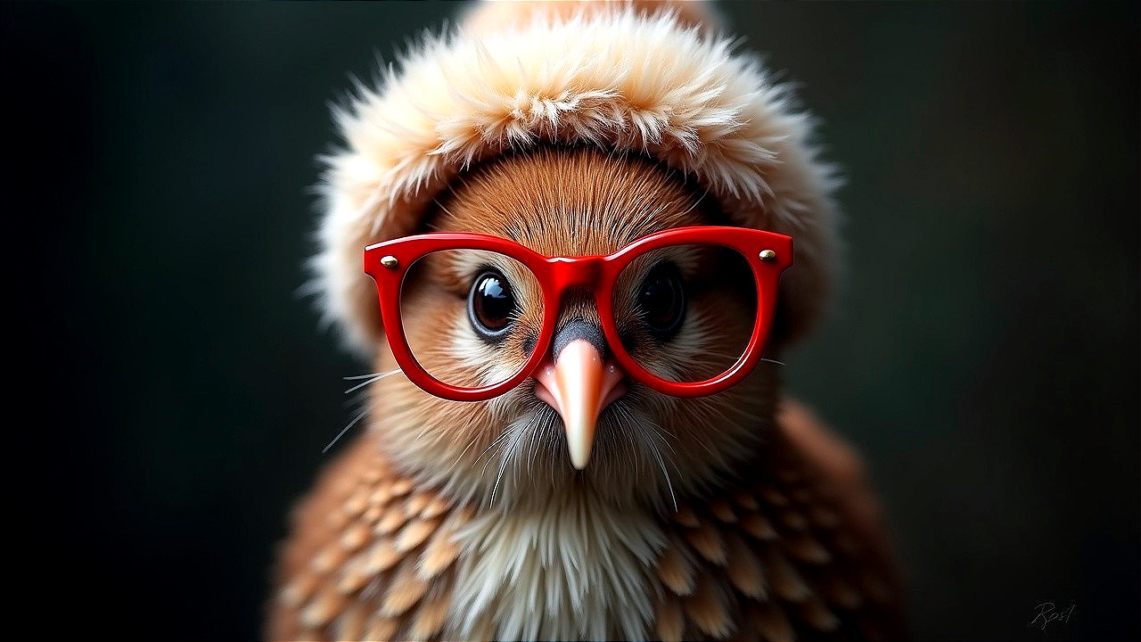Owl with Fluffy Hat and Red Glasses in Soft Focus