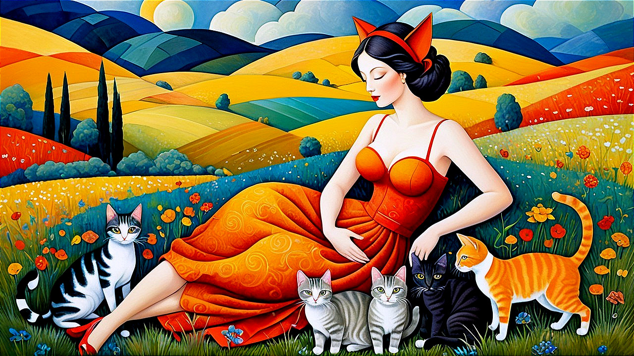 Colorful Scene of Woman in Red Dress with Cats