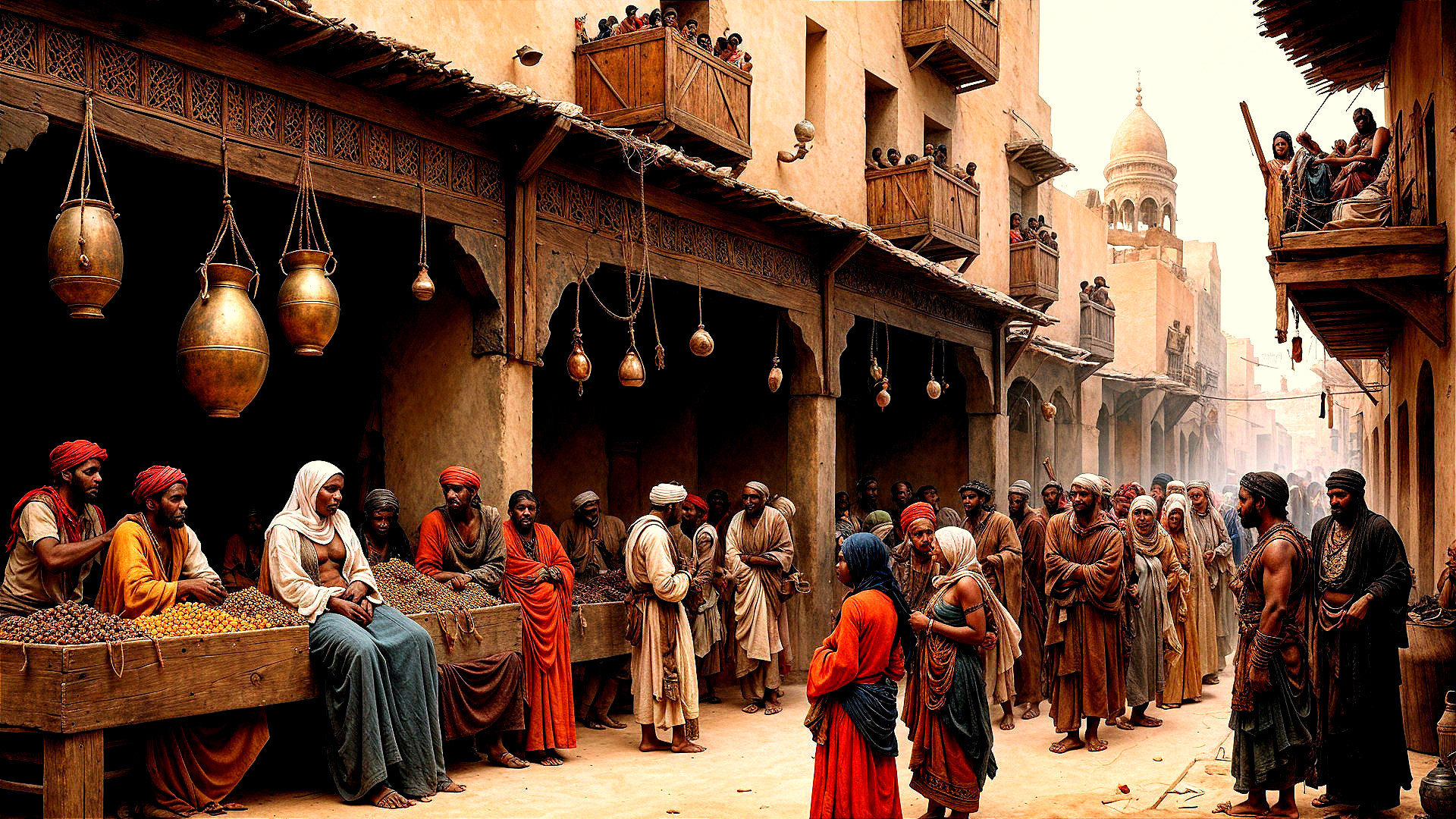 Ancient City Market Scene with Vibrant Colors and Characters