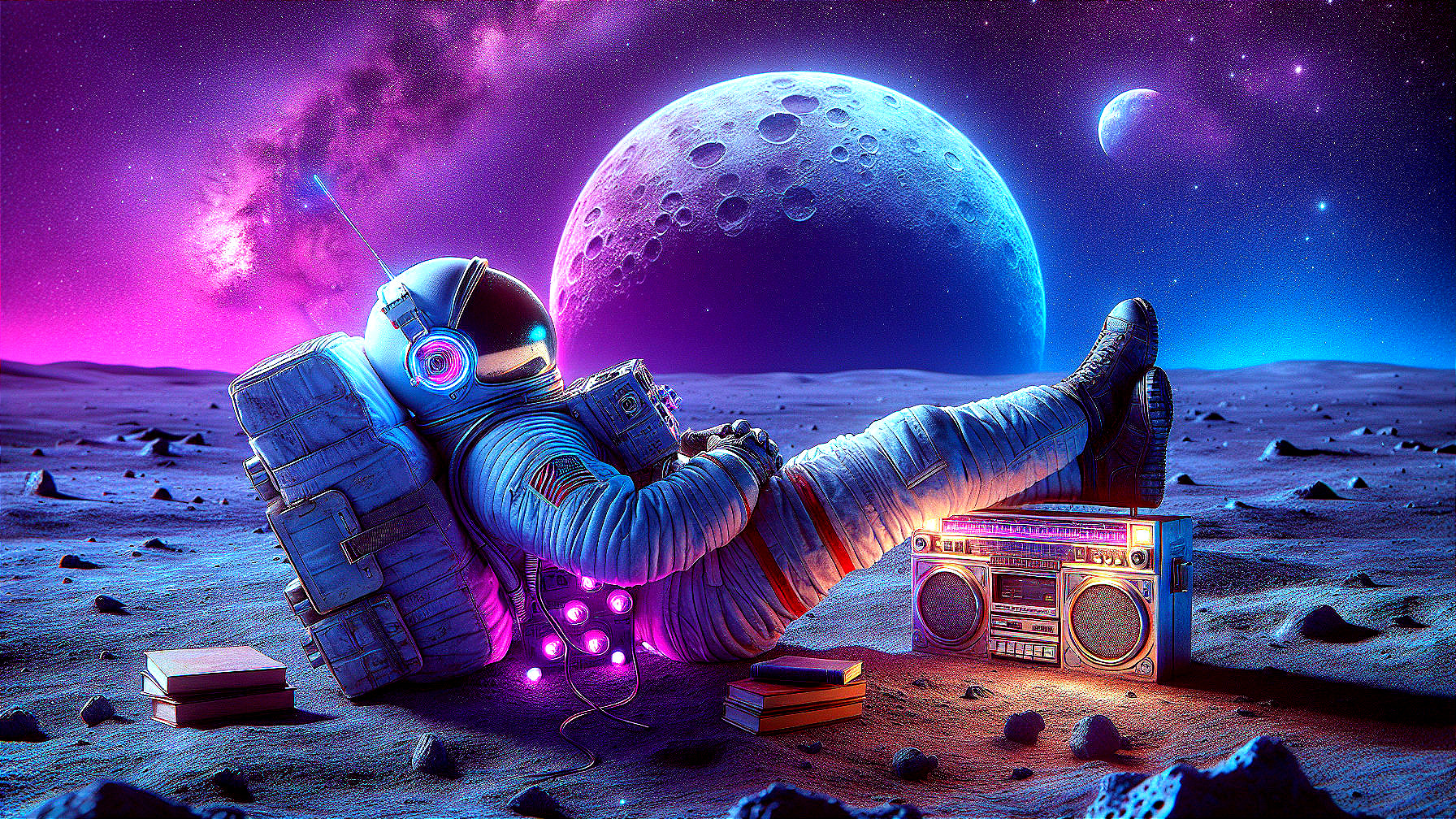 Astronaut Relaxing in a Vibrant Lunar Landscape