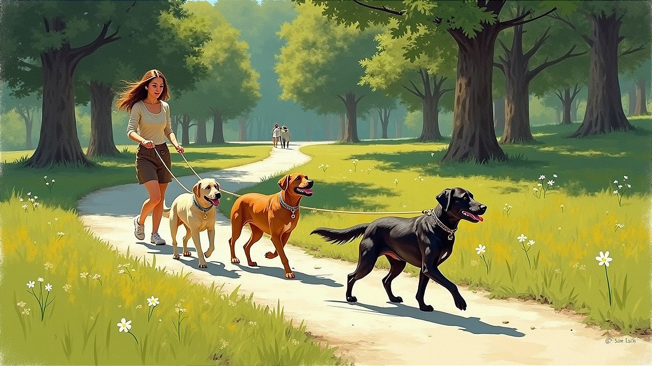 Young woman walks three dogs in sunny park setting
