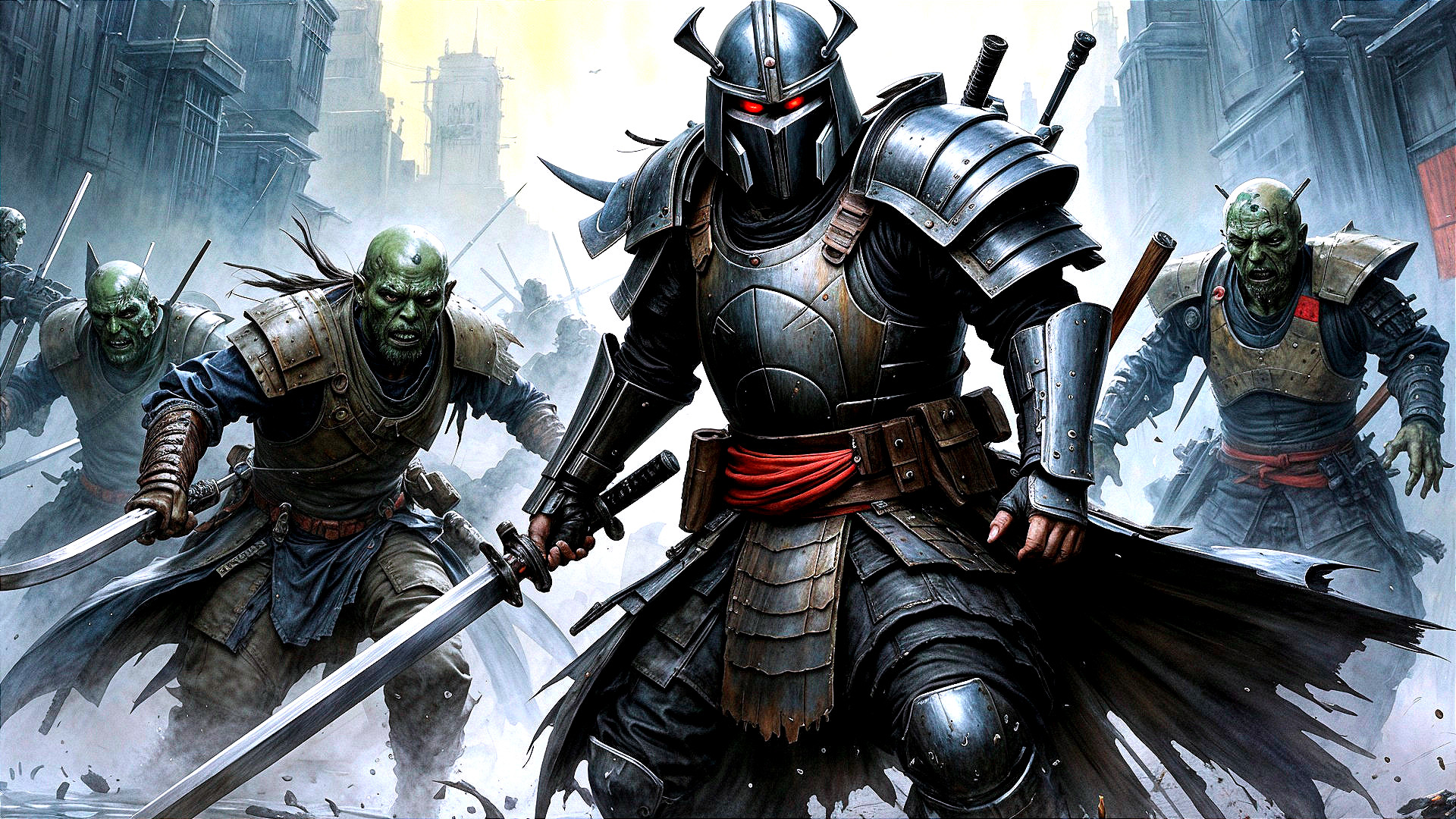 Armored Warrior Faces Green-Skinned Creatures in Battle