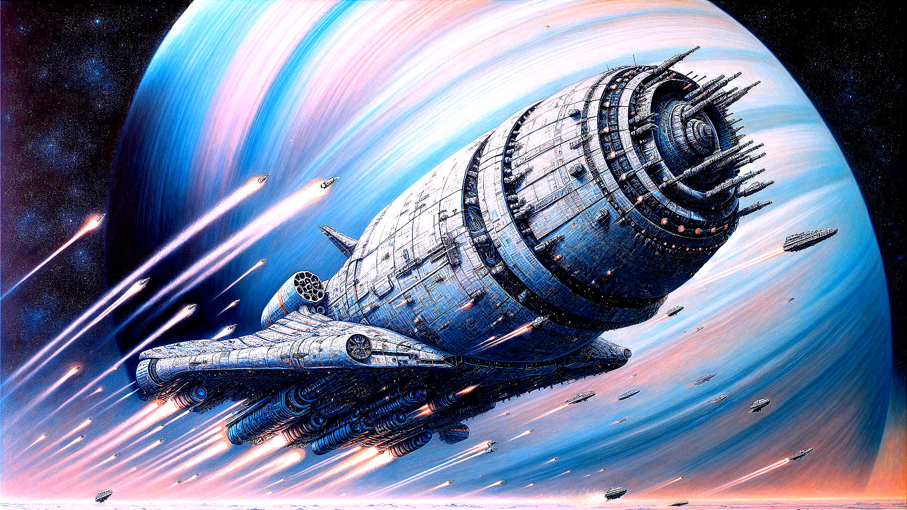 Futuristic Spaceship in Vibrant Gas Giant Atmosphere