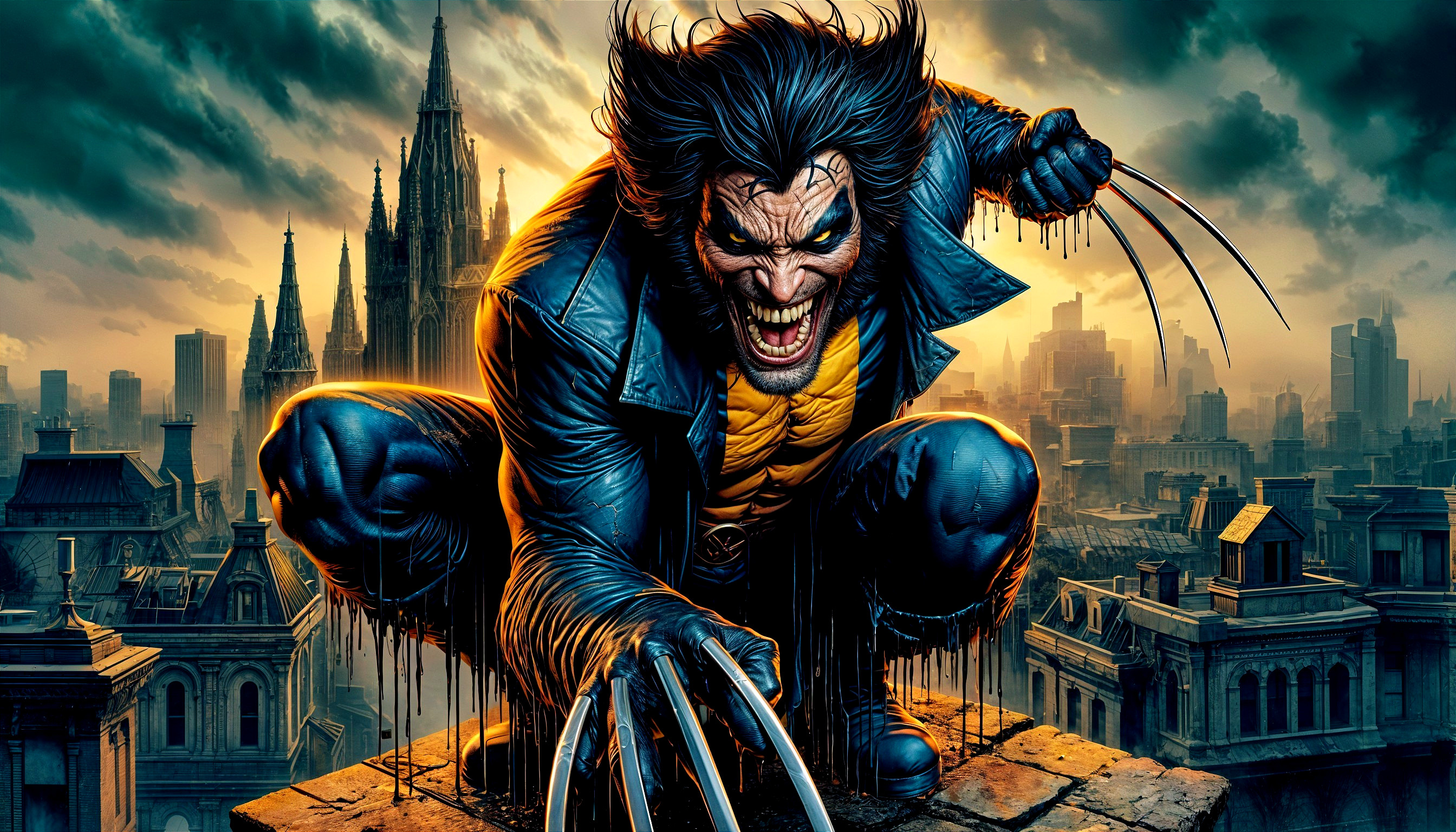 Muscular Figure in Blue and Yellow Suit Over Cityscape