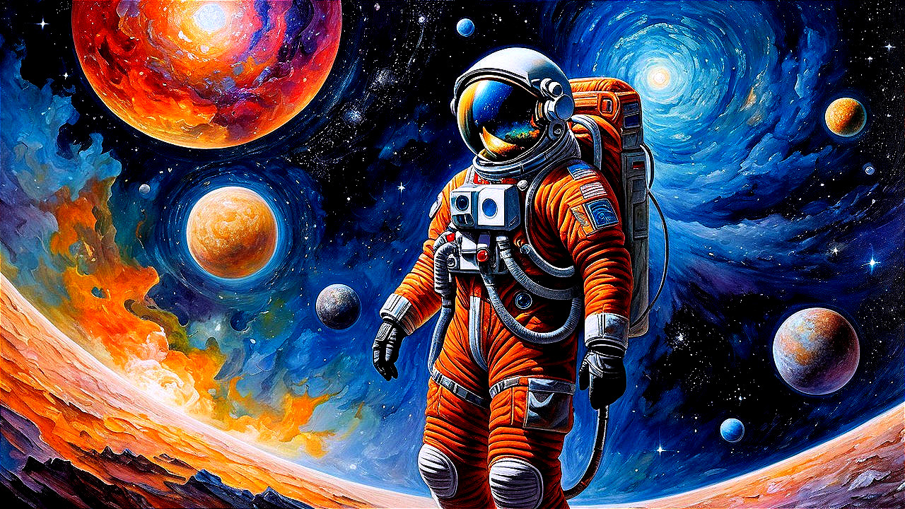 Astronaut in Orange Suit in Colorful Cosmic Landscape