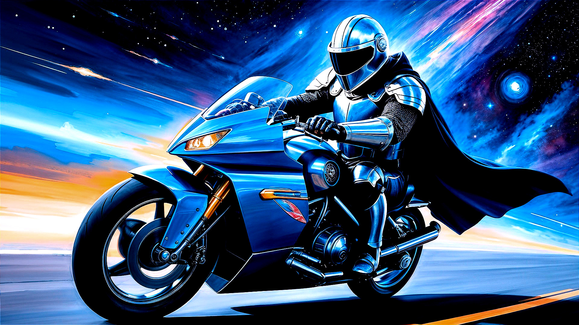 Futuristic Rider on Motorcycle in Cosmic Landscape