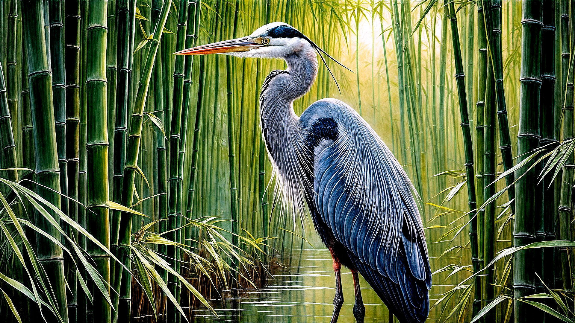 Heron Among Bamboo in Serene Wildlife Scene