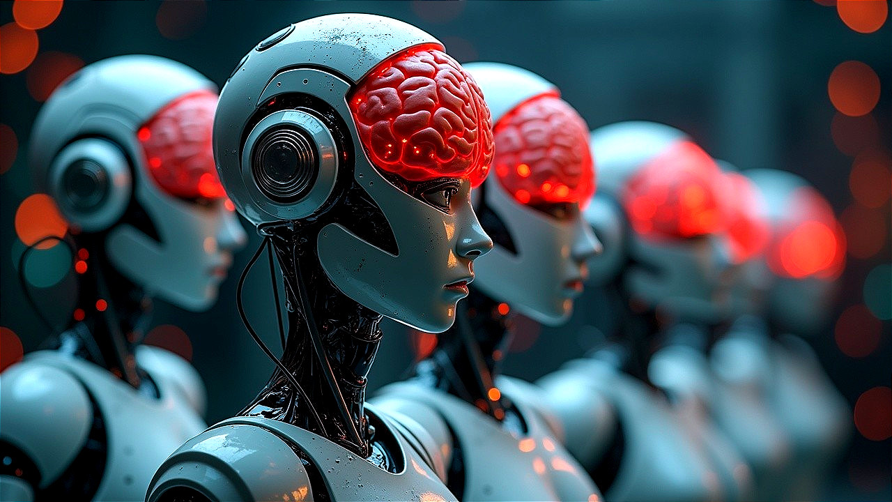 Futuristic Robots with Metallic Bodies and Red Brains