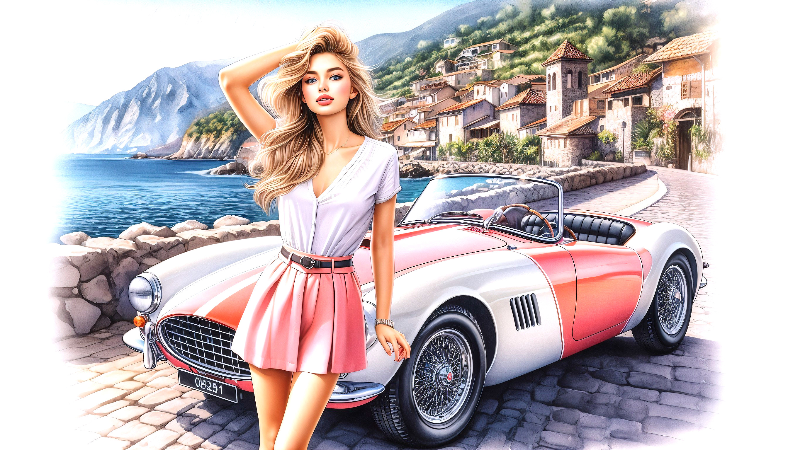 Stylish Woman by Vintage Convertible in Coastal Village
