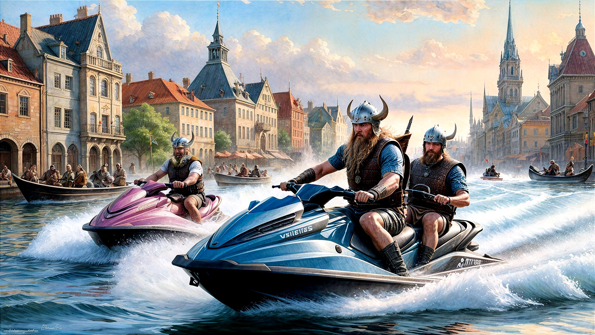 Viking Figures Racing Jet Skis in Historical Setting
