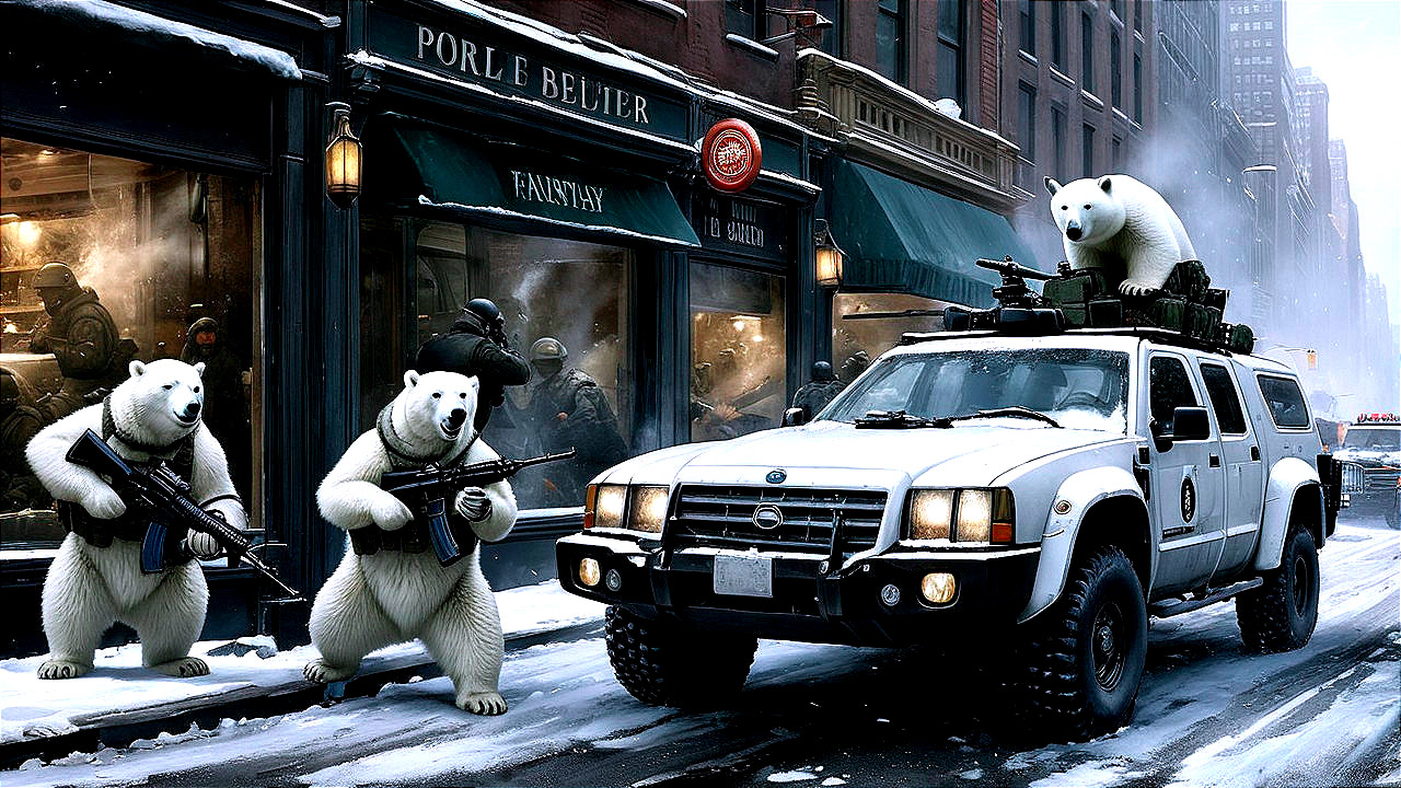 Polar Bears with Rifles in Snowy Urban Chaos