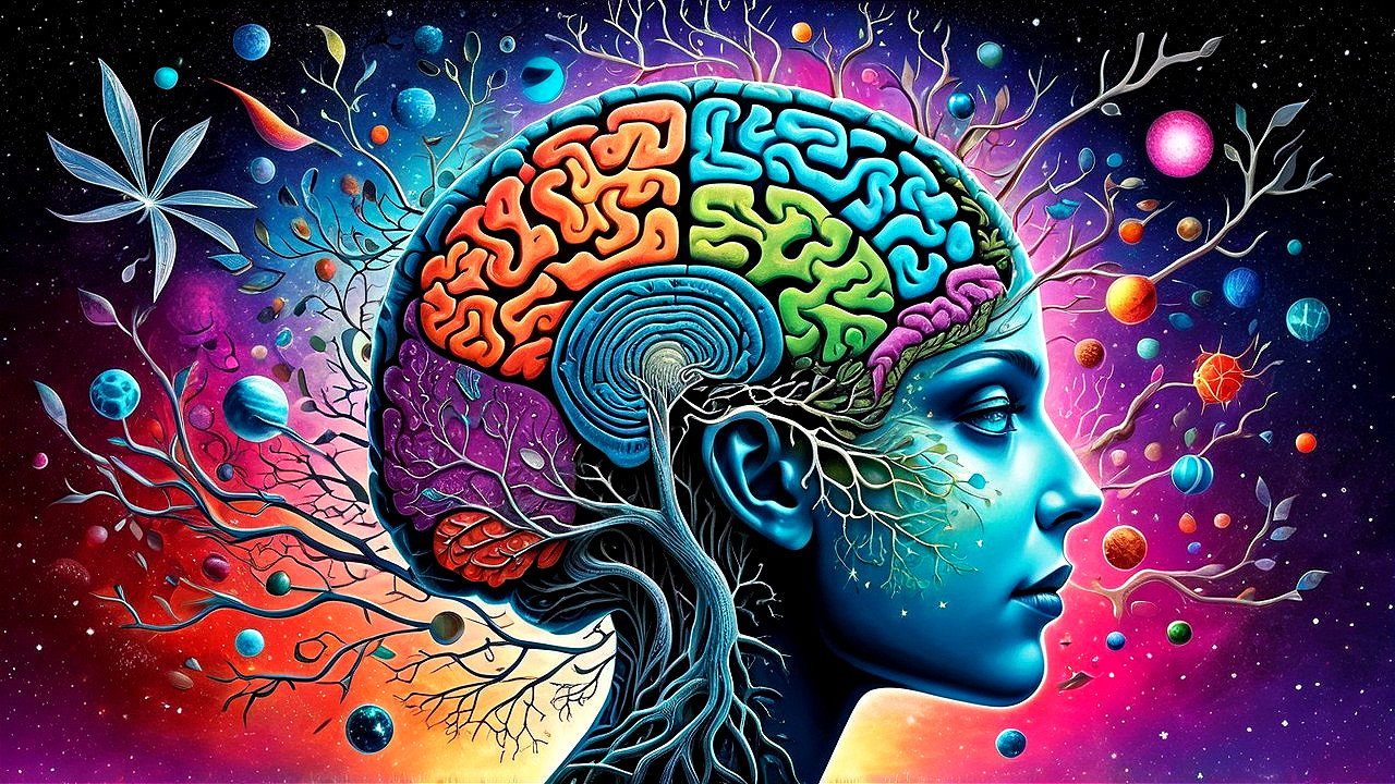 Surreal Woman's Profile with Colorful Brain and Cosmos