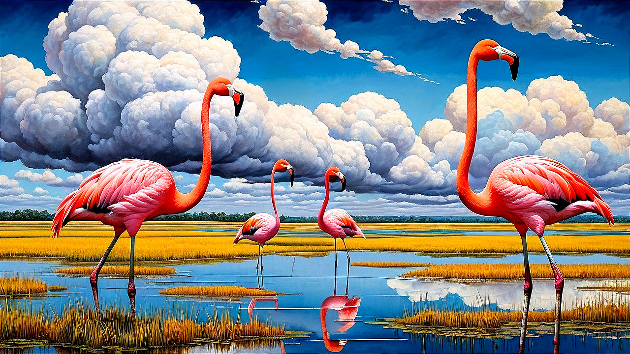 Four Pink Flamingos in a Shallow Lagoon Scene
