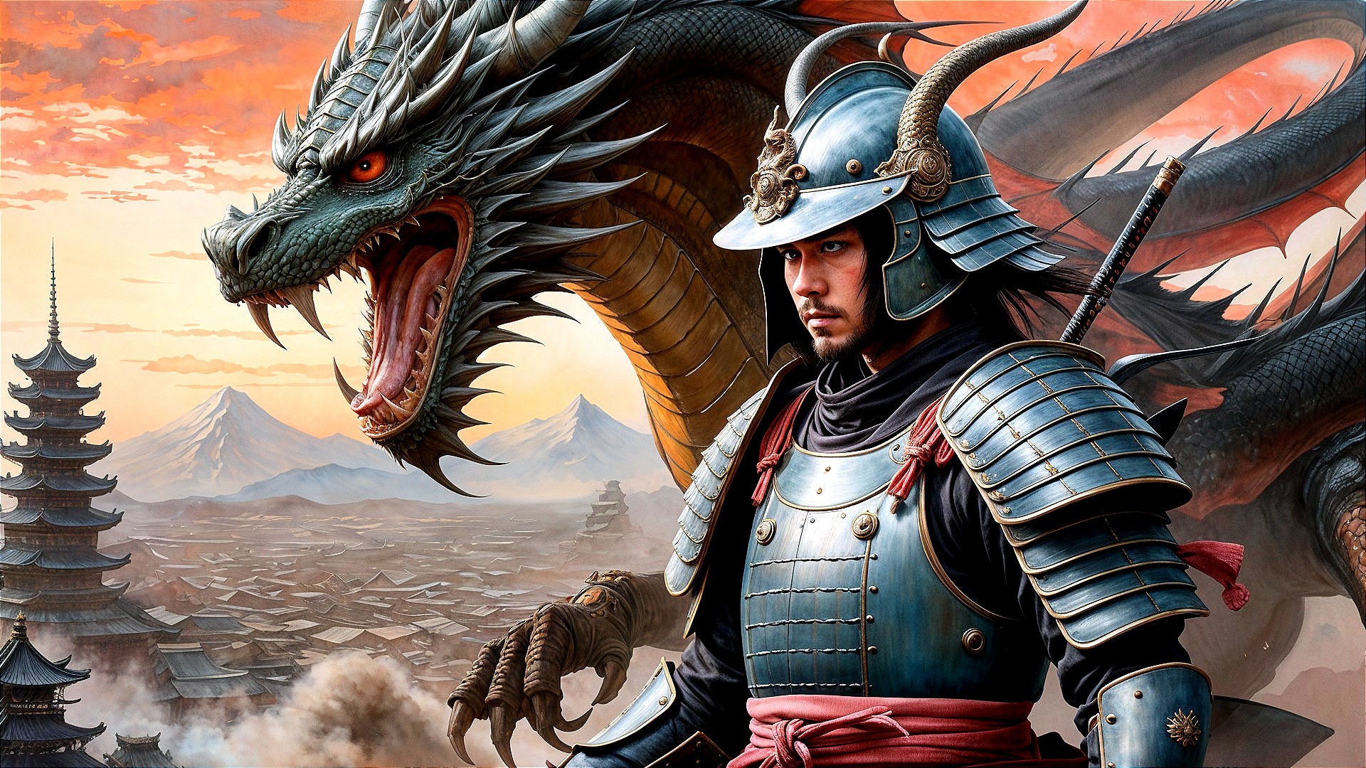 Samurai in Armor with Dragon Against Sunset Cityscape