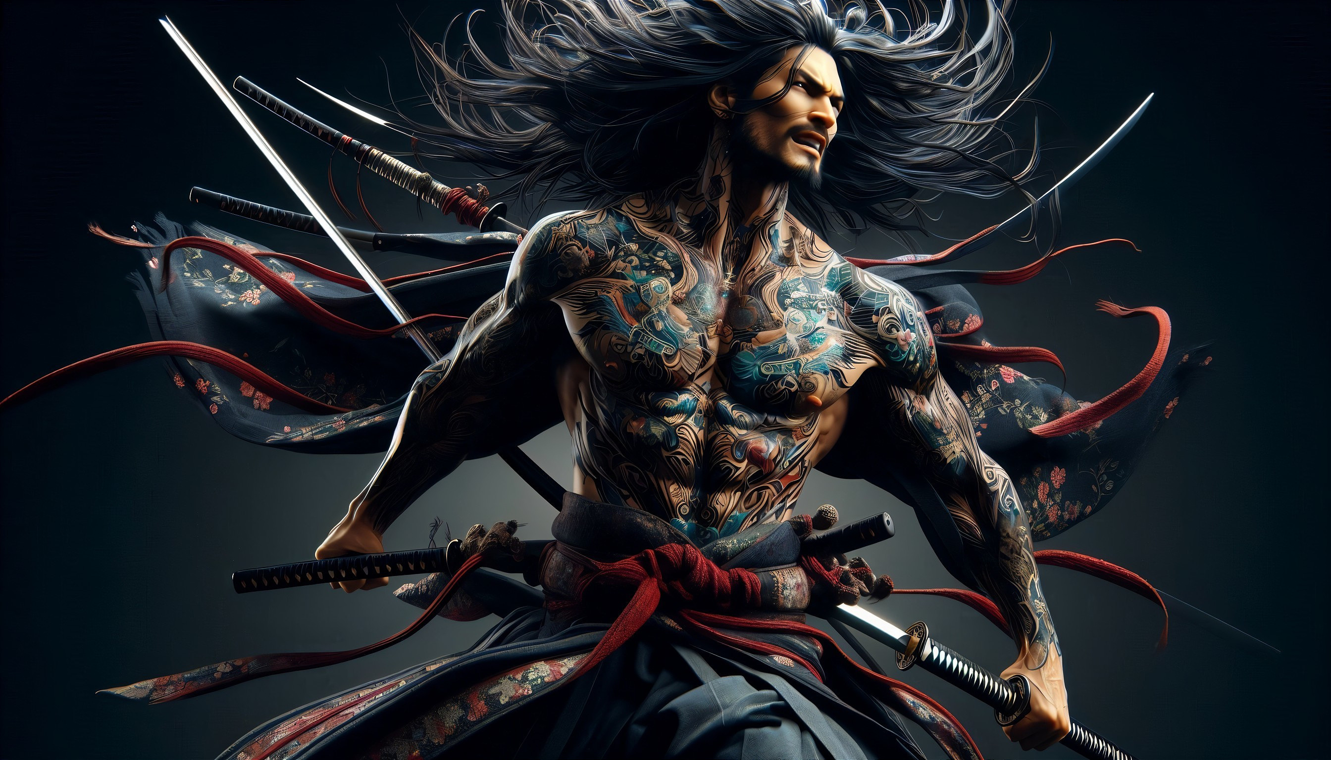 Warrior with Tattoos and Katana in Kimono Attire