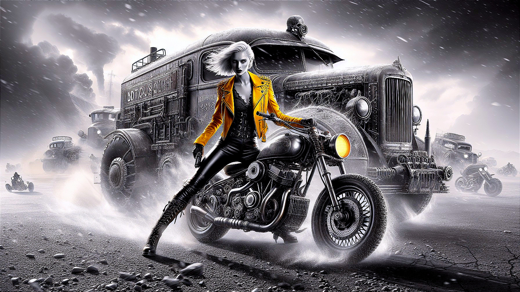 Monochromatic Scene with Motorcycle and Vintage Trucks