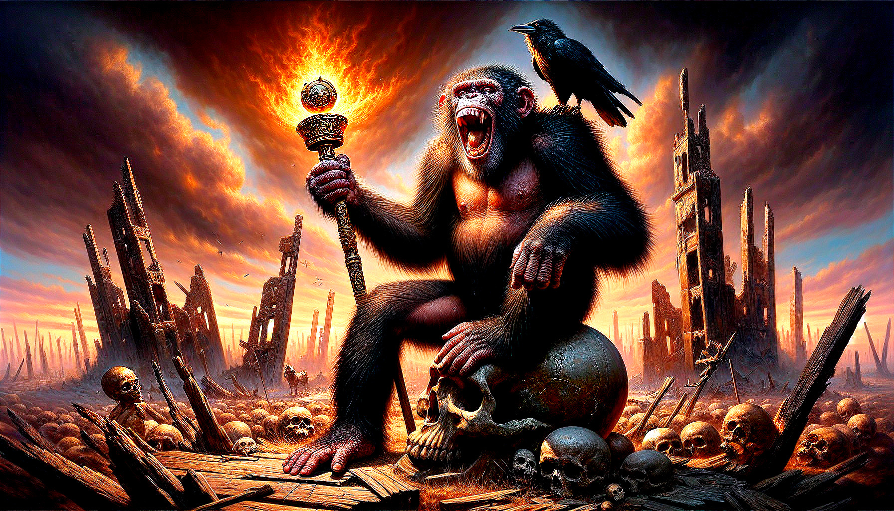 Gorilla on Skull with Staff in Post-Apocalyptic Scene