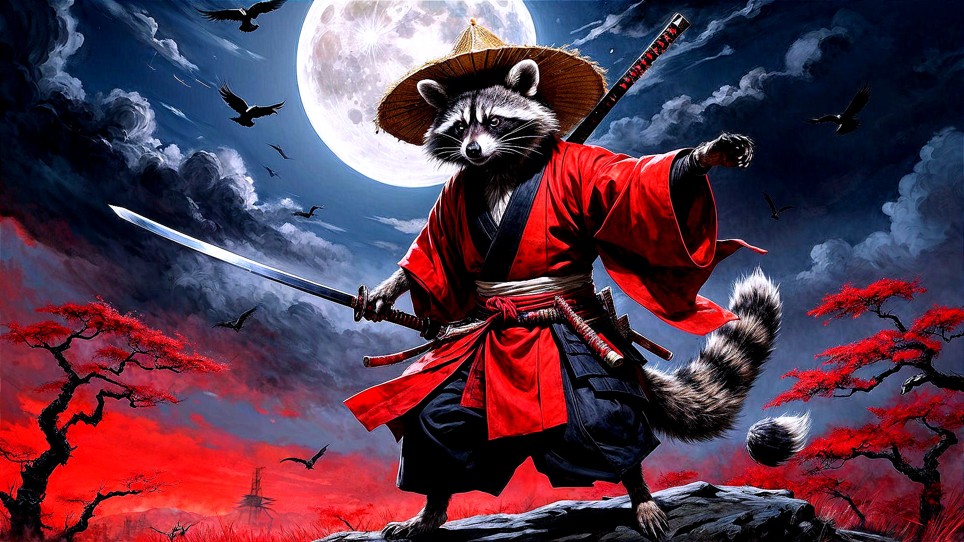 Warrior Raccoon in Kimono Under Full Moon