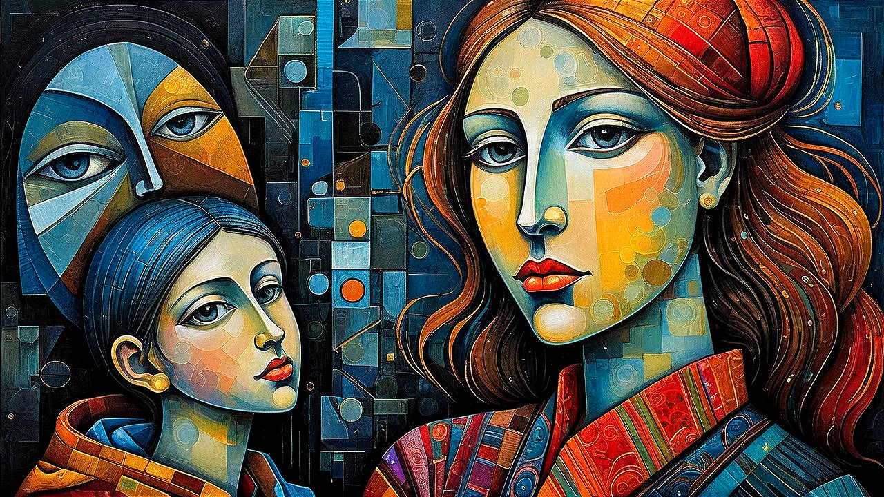 Vibrant Artwork with Three Stylized Faces in Blues