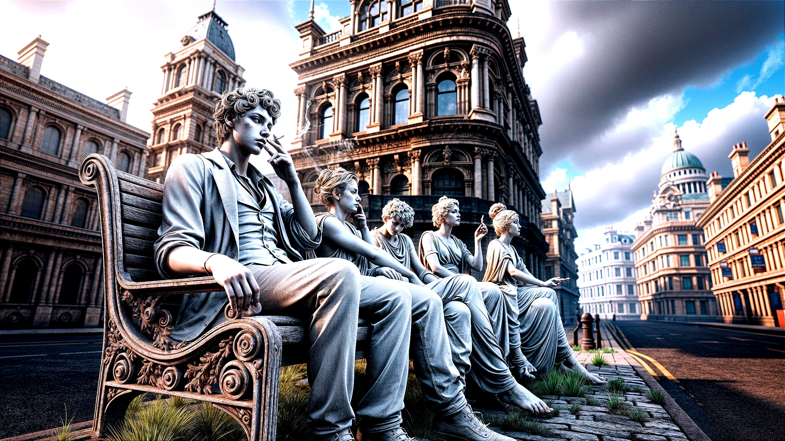 Life-like statues on a bench in classical architecture