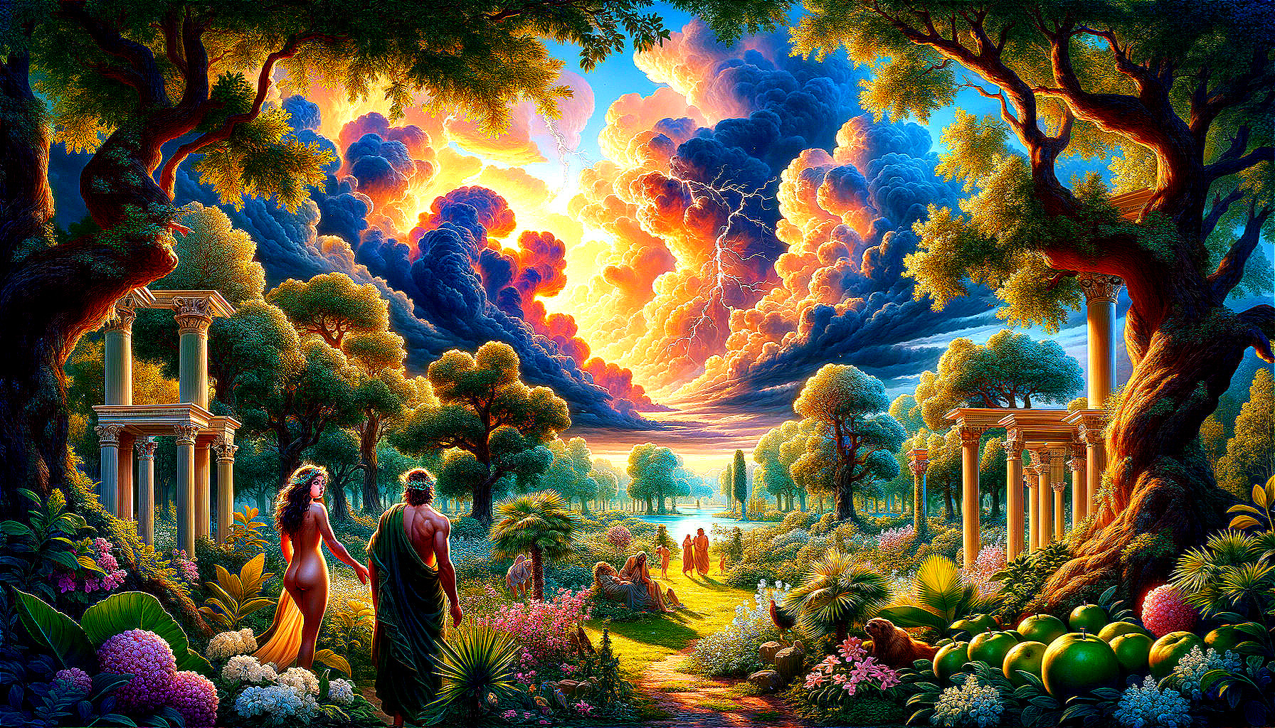 Vibrant garden with figures, ruins, lake, dramatic sky & lightning