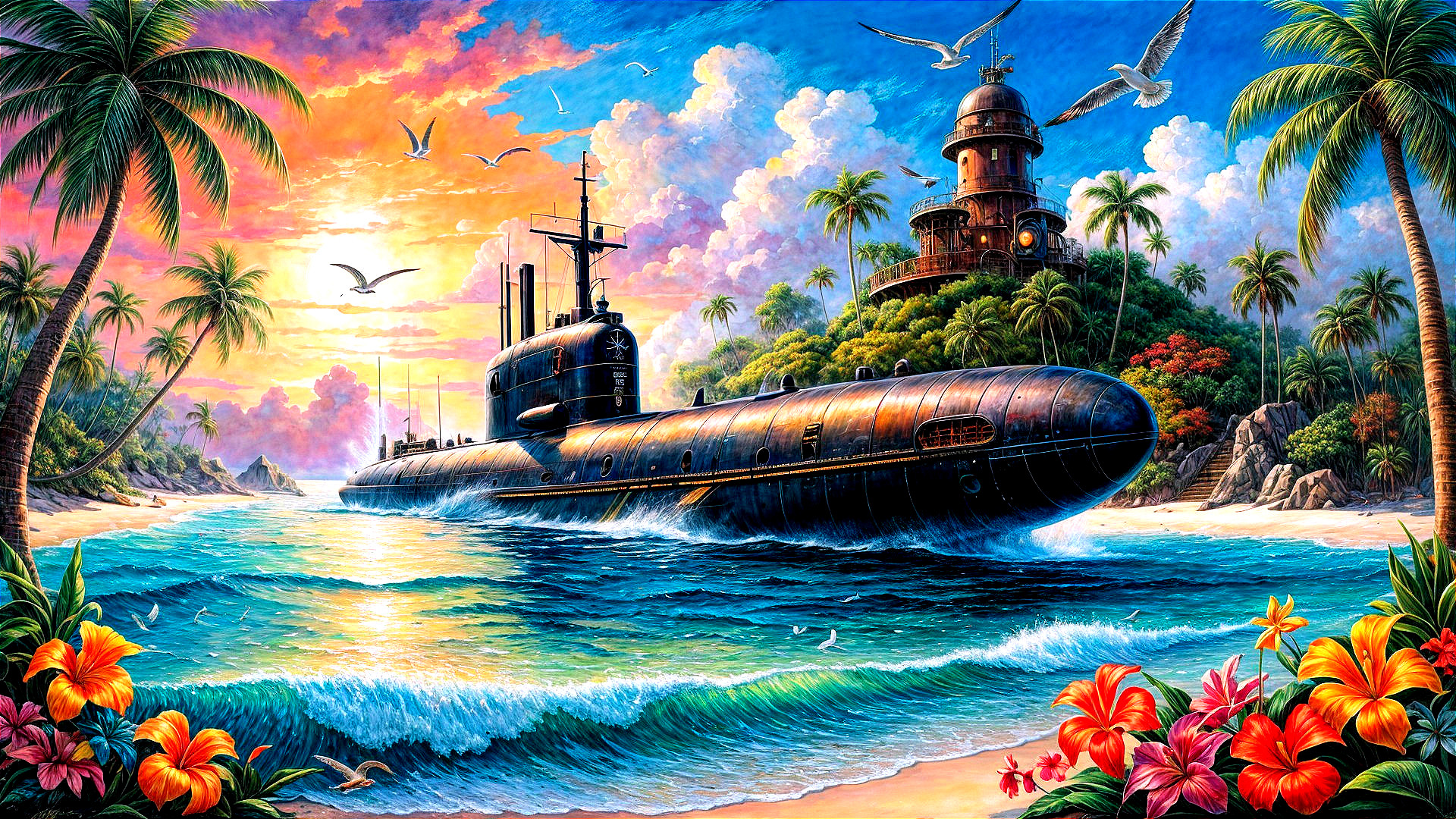 Submarine in Turquoise Waters with Sunset Landscape