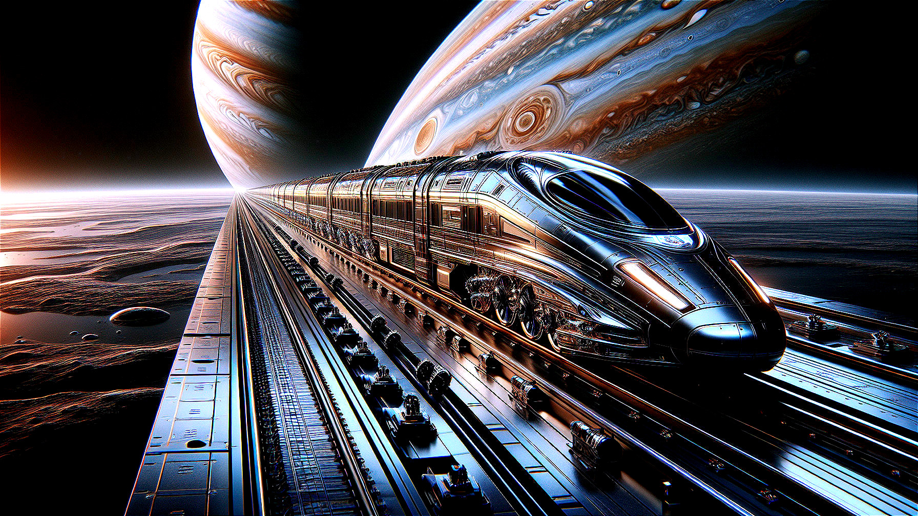 Futuristic train on metallic track in cosmic landscape